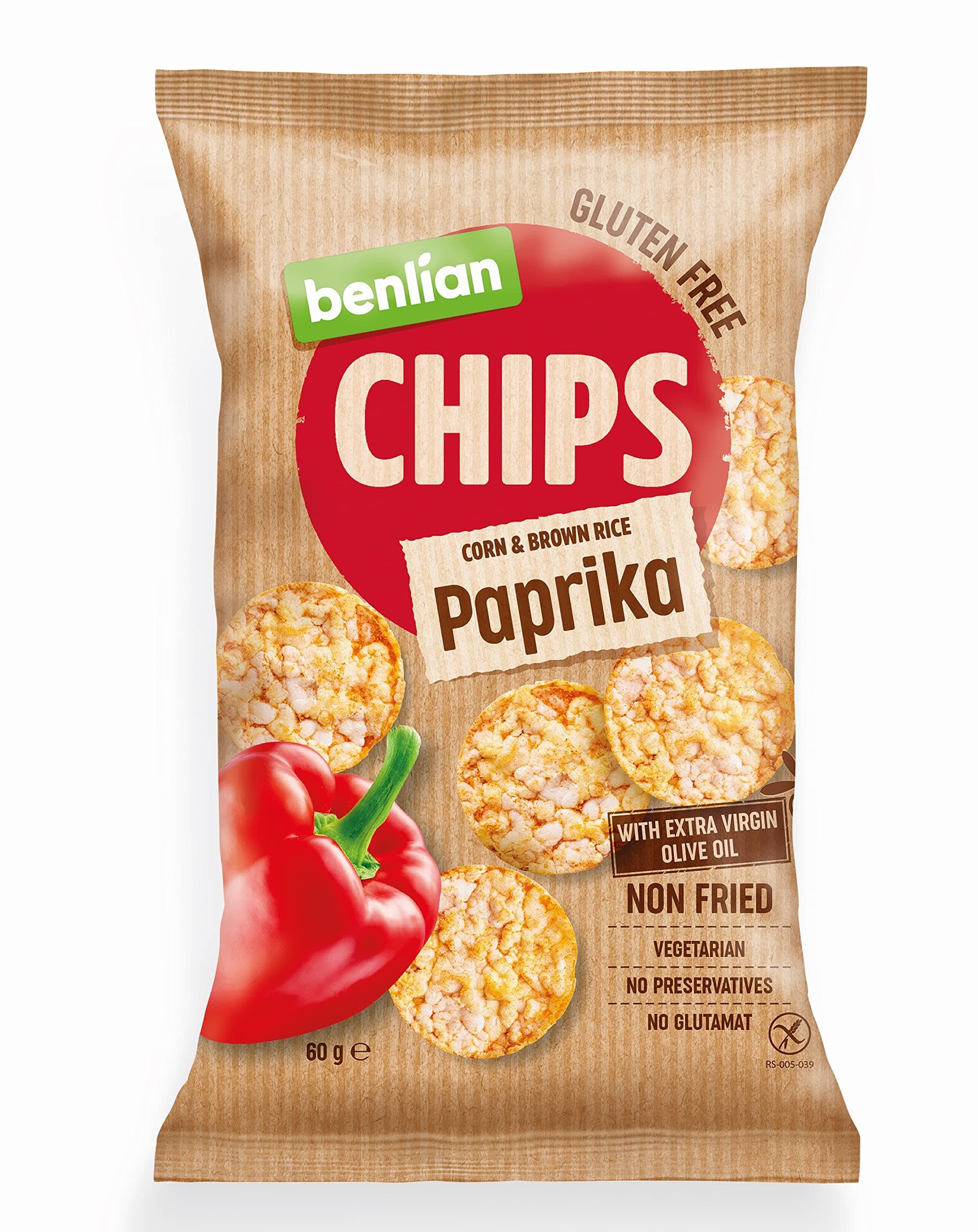 Benlian Gluten Free Chips Corn & Brown Rice, Paprika 60g | With Extra Virgin Olive Oil, Non Fried, Vegetarian, No Preservatives, Glutamat