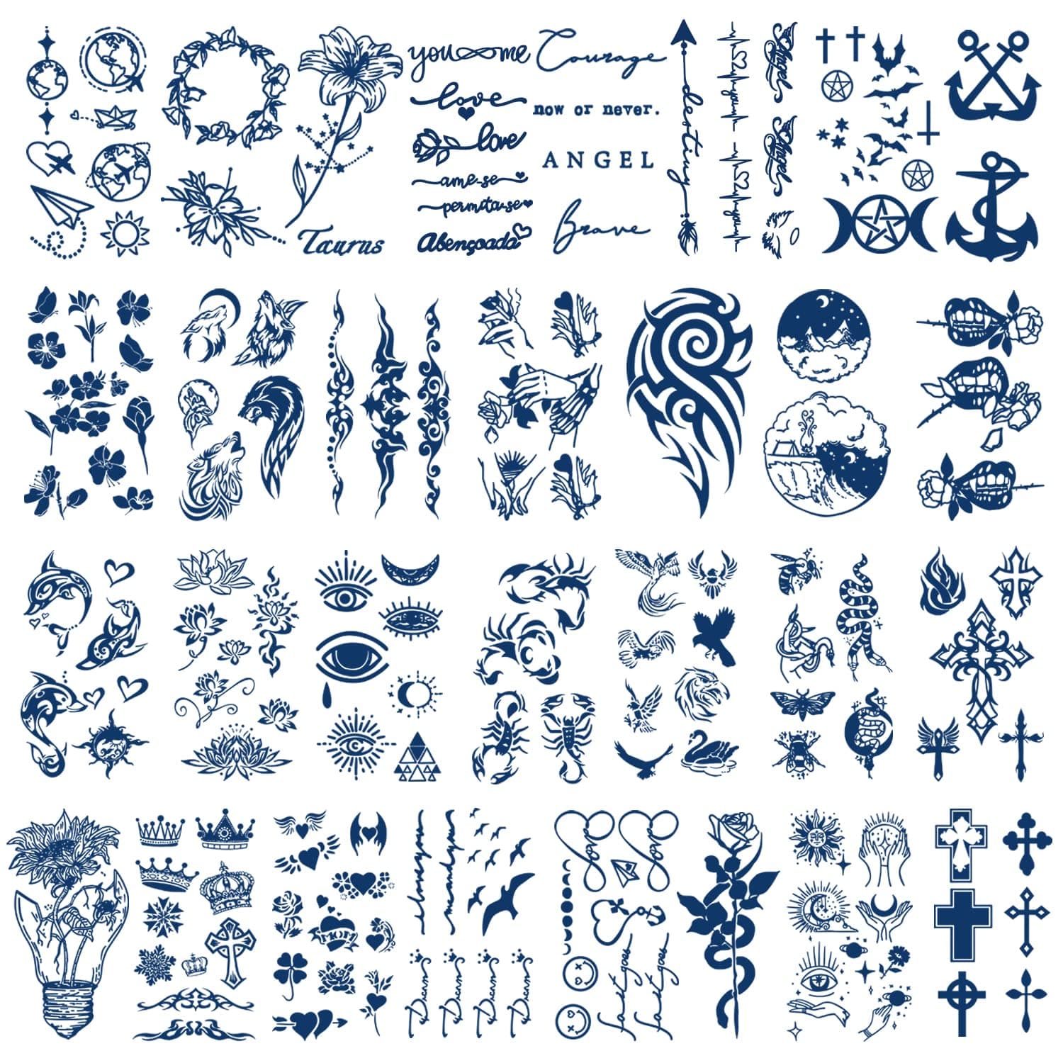 30 Sheets Semi-Permanent Tattoos for Women Girls Kids Realistic Waterproof Temporary Tattoos Crown Floral Rose Dark Blue Fake Tattoos, Lasting 1-2weeks Tiny Tattoo Stickers