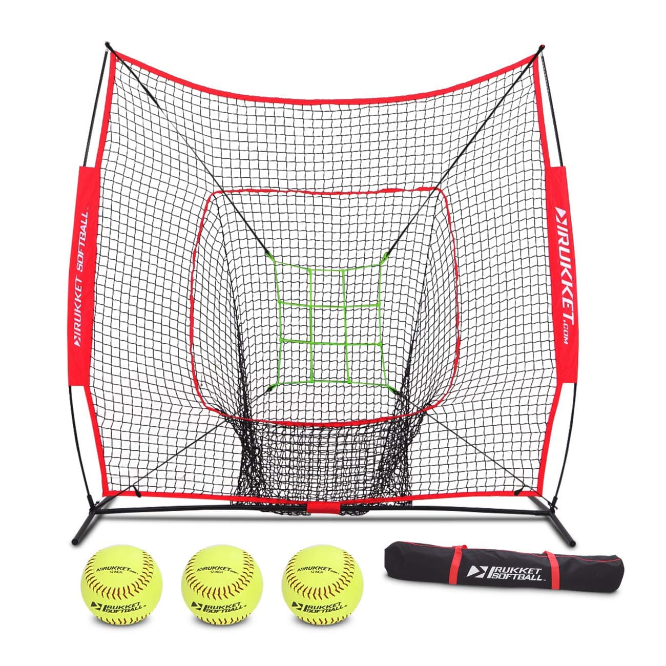 Rukket 7x7 Baseball & Softball Net, Practice Hitting, Pitching, Batting and Catching, Backstop Screen Equipment Training Aids, Includes Carry Bag (7x7ft Net, Target, 3 Softballs & Bag)