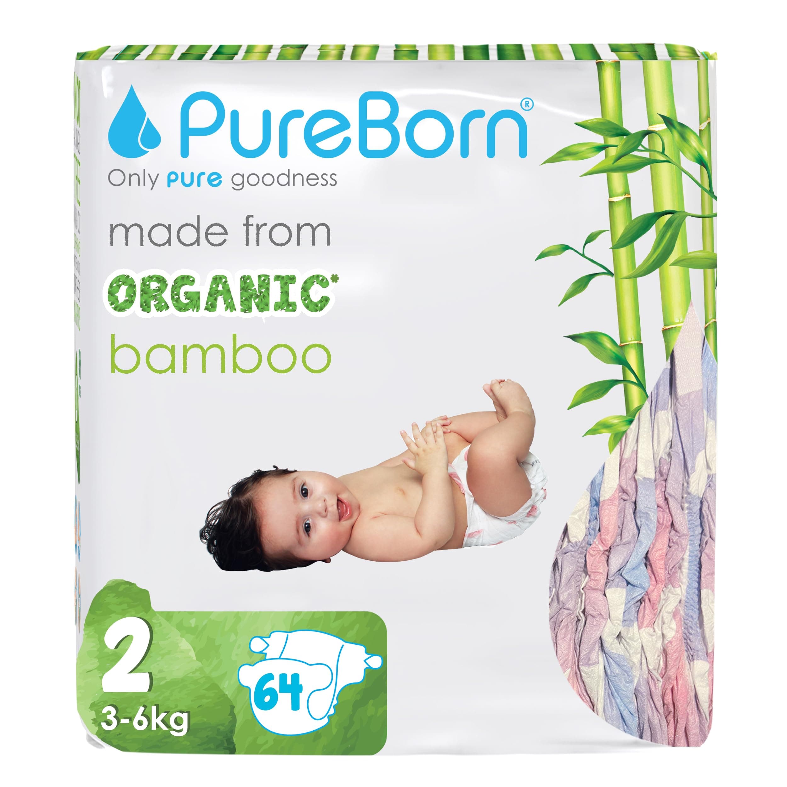 Nappies Pure Organic Bamboo Nappies – Nappies Size 2 Hypoallergenic 64 - Nappies Ultra Soft (3-6 kg) 100% Plant Based Eco Friendly Assorted Print