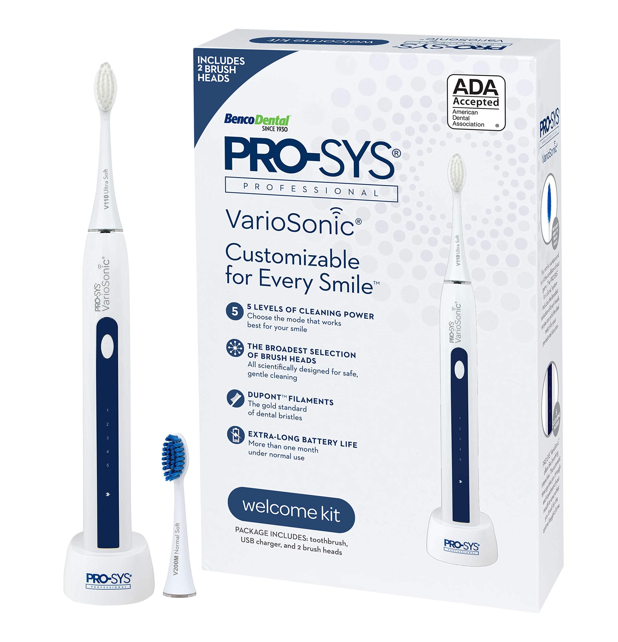 PRO-SYS VarioSonic Rechargeable Power Electric Toothbrush Welcome Kit - Includes just The Essentials, 2 Different Brush Heads, for The Perfect Start on Your Journey to Improved Oral Health.