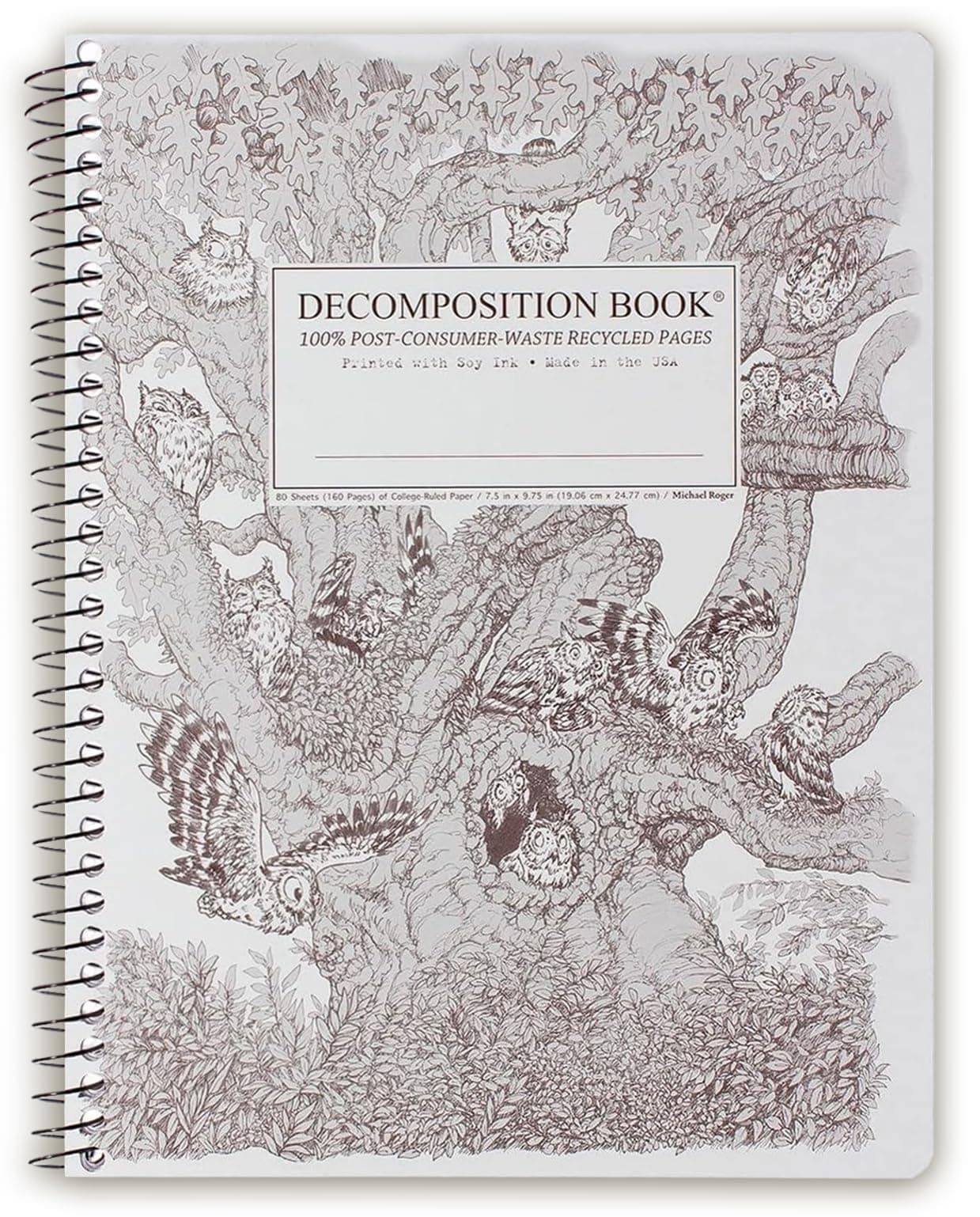 Decomposition Screech Owls College Ruled Spiral Notebook - 9.75 x 7.5 Journal with 160 Lined Pages - 100% Recycled Paper - Cute Notebooks for School Supplies, Home & Office - Made in USA