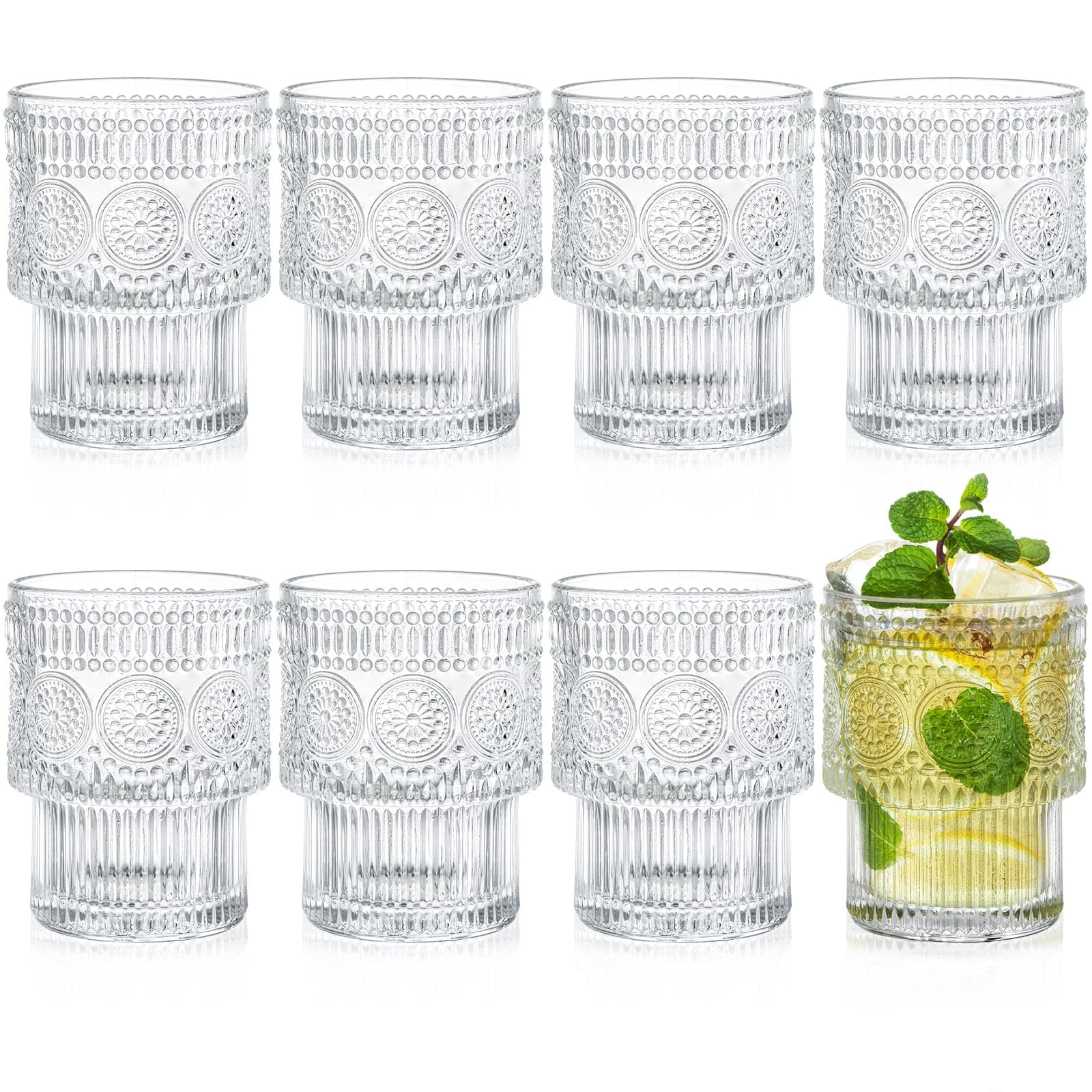 8 Pack 200ml Drinking Glasses, Stackbale Water Glasses, Vintage Glassware for Cocktail, Whiskey, Juice, Iced Coffee, Iced Tea, Bar Accessories