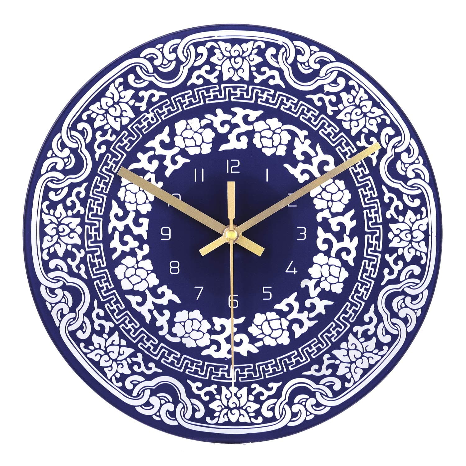 LafocuseRetro Blue and White Glass Wall Clock 30cm Silent Non Ticking Quarz Clocks for Living Room Bedrooms
