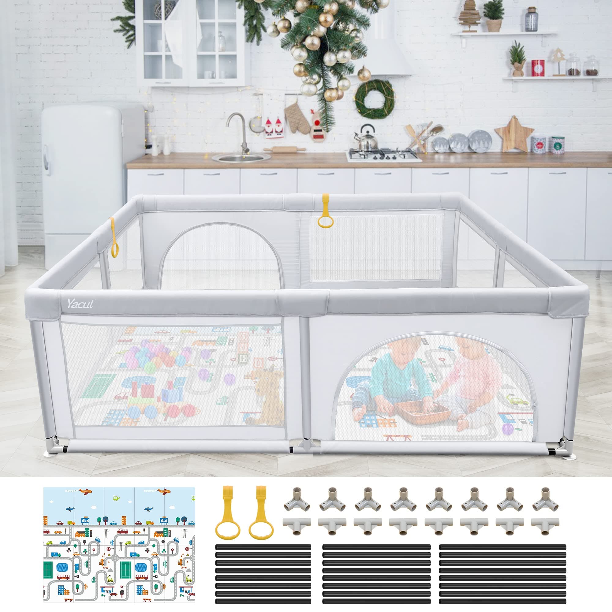 Yacul Extra Large Baby Playpen with Mat for Babies and Toddlers Kids Infant Play Pens with Gate Indoor & Outdoor Play Area