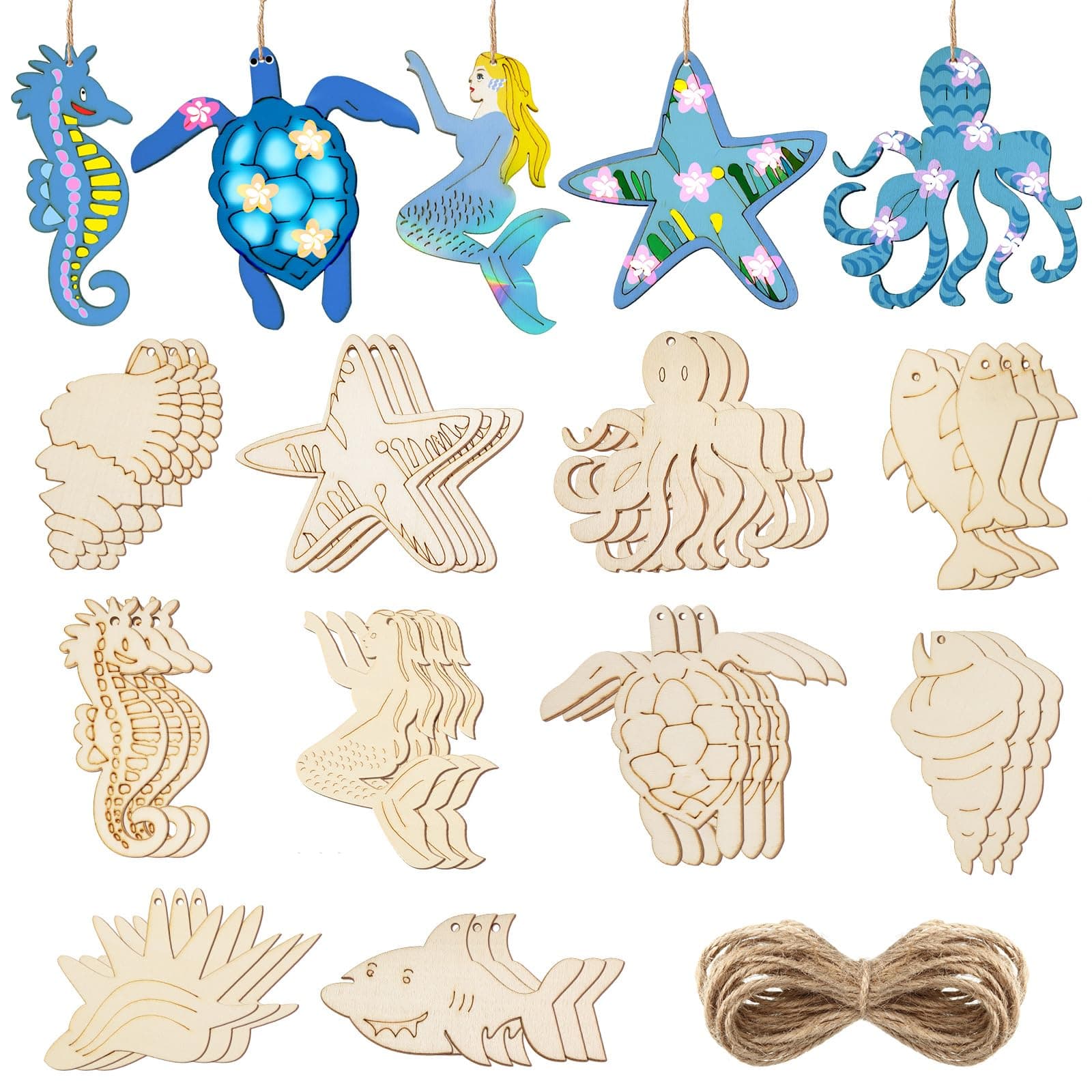 Jetec 30 Pcs Unfinished Wood Cutouts to Paint Sea Animals Wooden Cutouts Crafts Beach Theme Ocean Animals for Kid Home Decor Ornament DIY Craft,Octopus,Whale,Dolphin,Seahorse,Fish(3.9 x 0.1 Inch)