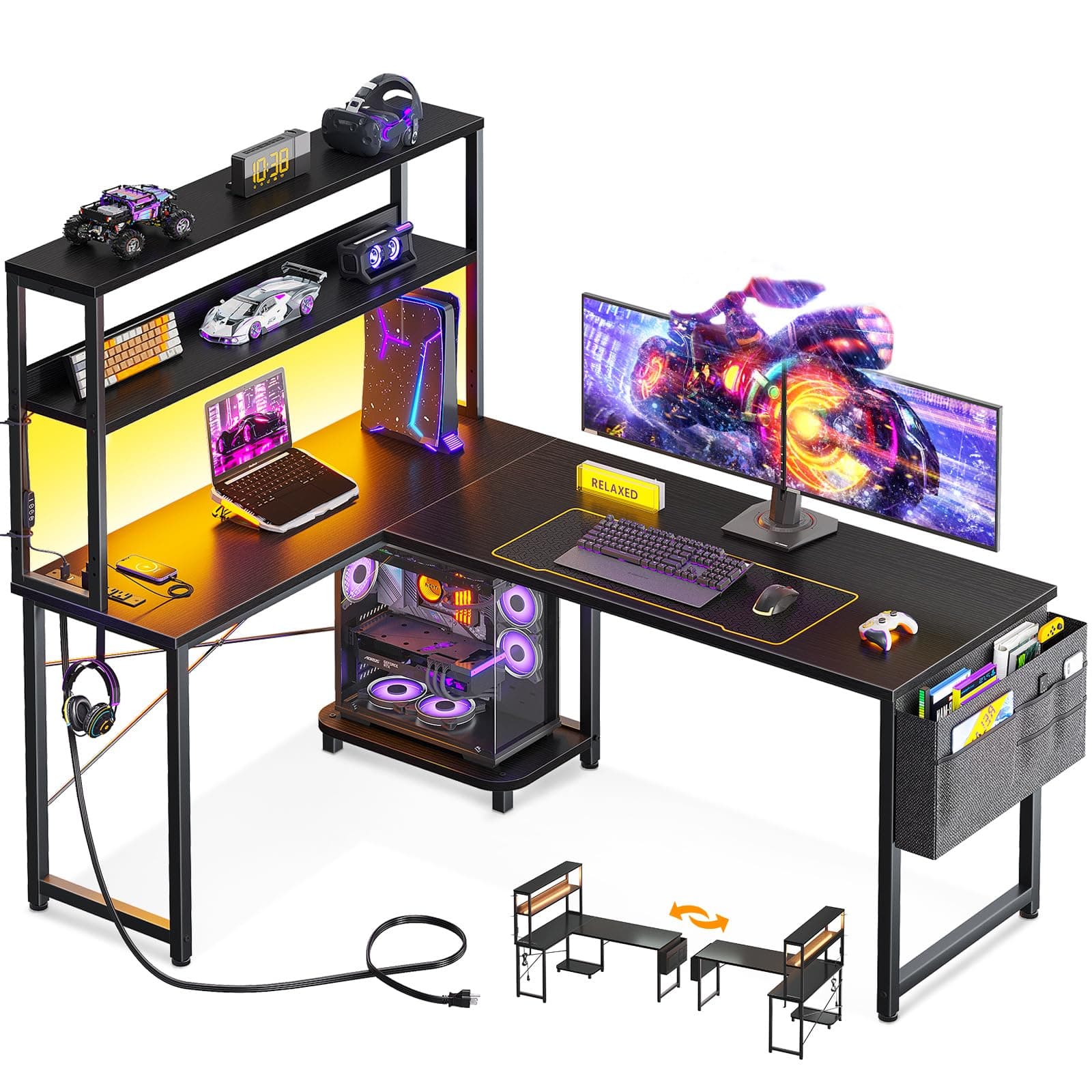 ODK 53 Inch L Shaped Gaming Desk with LED Lighting, Reversible Desk with Power Outlets, Cornor Computer Table with Storage Shelves & Bag & Iron Hook, Home Office Table for Writing, Study, Black