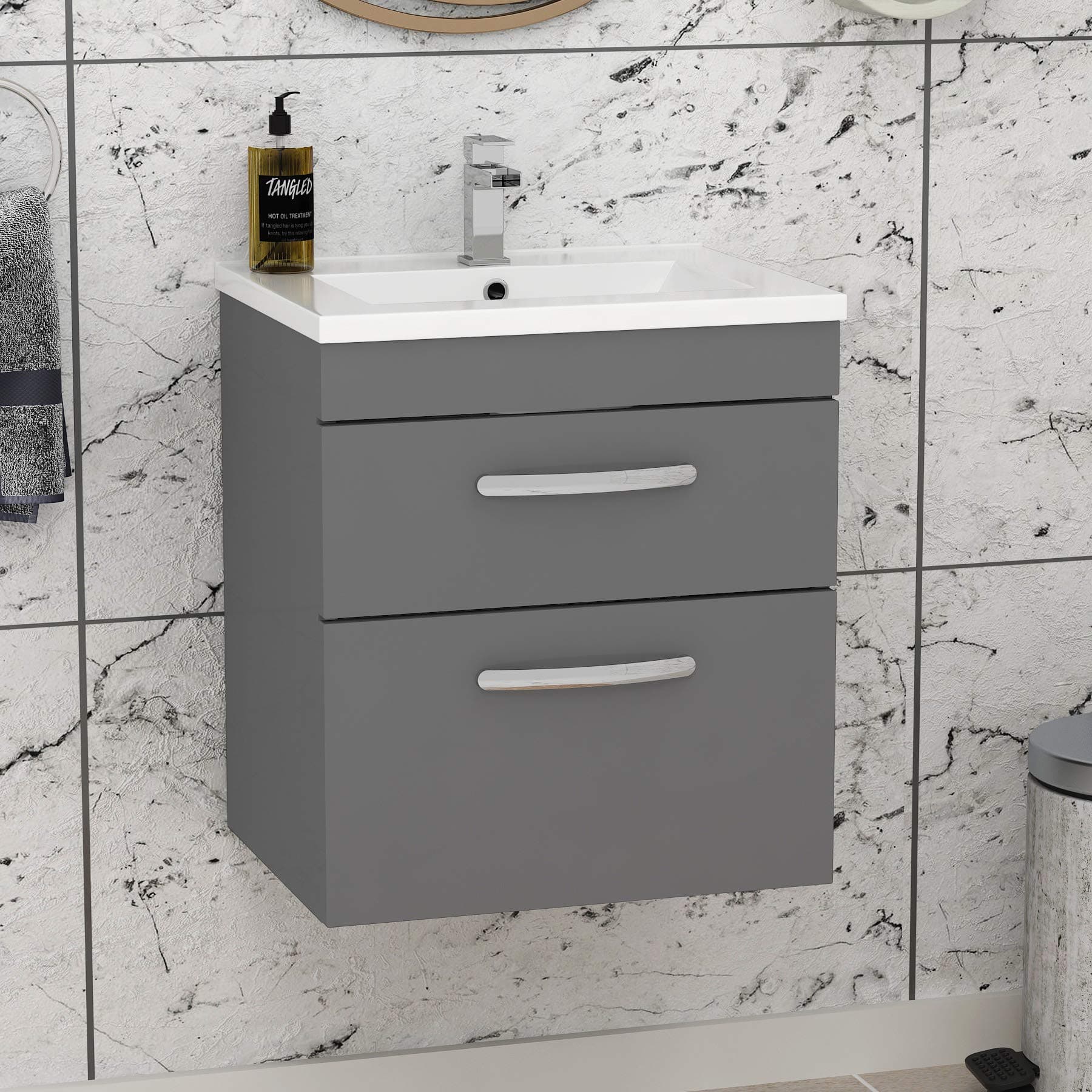 500mm Wall Hung Bathroom Vanity Unit Minimalist Basin 2 Drawers Storage Cabinet Furniture - Indigo Grey Gloss