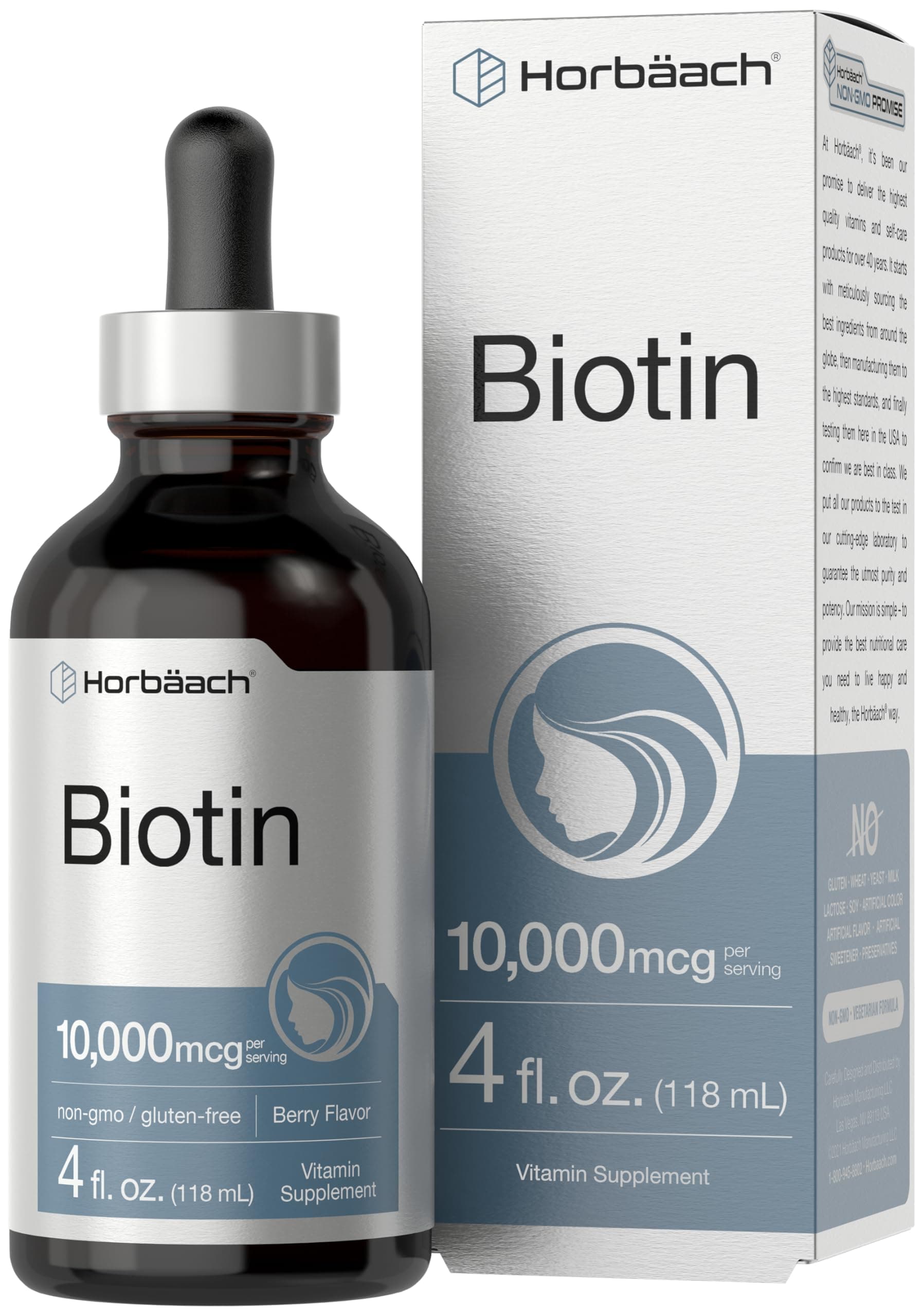 Horbäach Biotin Liquid Drops 10000mcg | 4 fl oz | Berry Flavor | Vegetarian, Non-GMO & Gluten Free Supplement