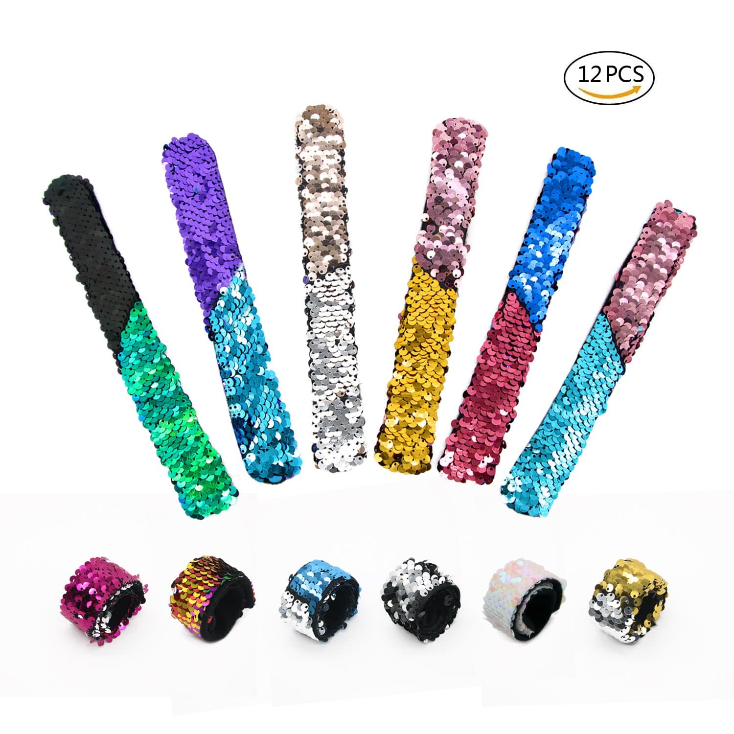 Sequin Mermaid Slap Bracelet 2 Color Reversible Glitter Charms Wristband Magic Wrist Strap, Party Supplies Favors for Women, Girls and Kids (12 Random Colors)