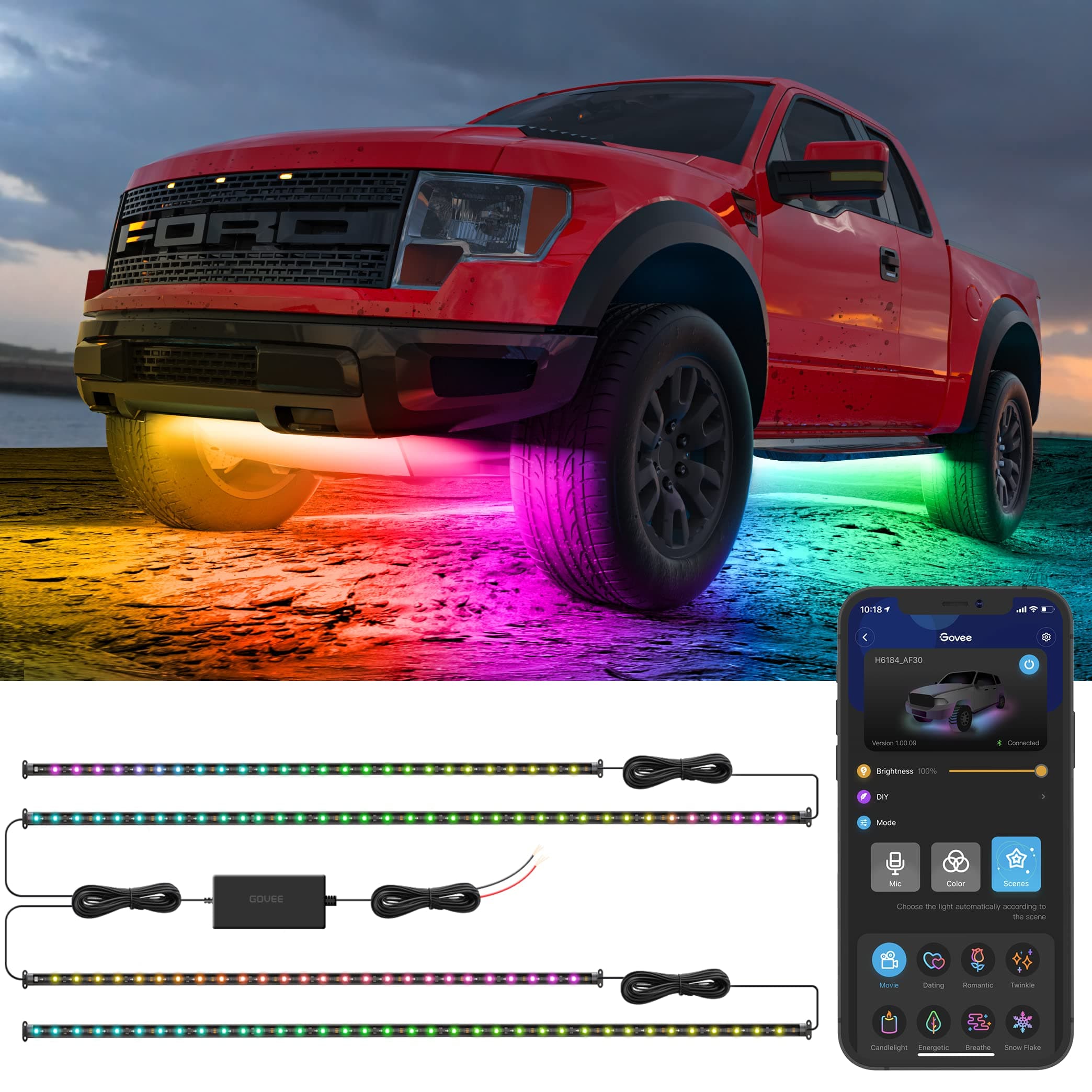 Govee Underglow RGBIC Smart LED Car Lights with 16 Million Colors and 10 Scene Modes, App Control, Neon Light Strip for SUV, Truck, DC 12-24 (4 Pack)
