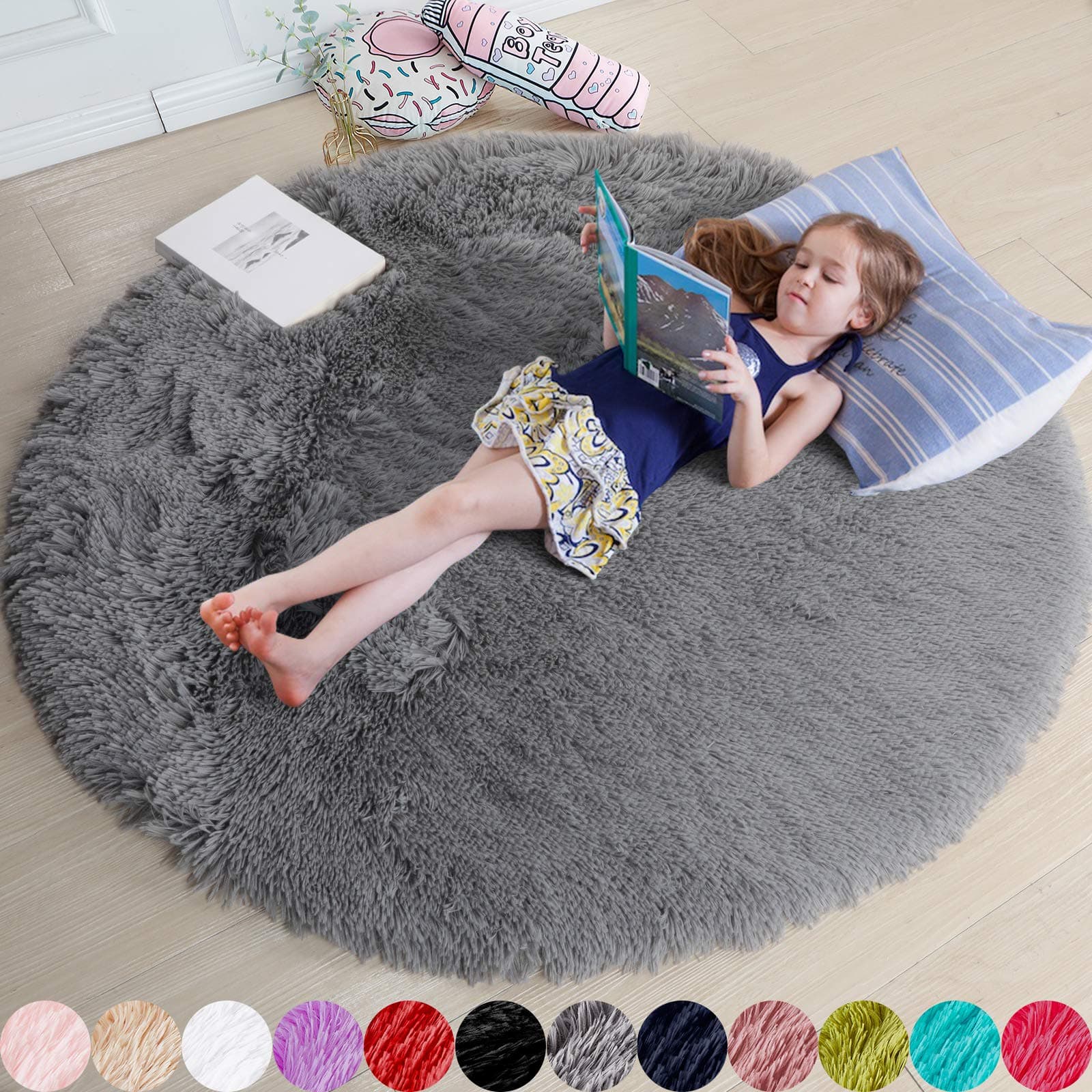 Grey Round Rugs 5Ft for Living Room Bedroom Aesthetic, Fluffy Fuzzy Shag Shaggy Circle Area Rug for Kids Room Decor, Furry Soft Plush Indoor Floor Gray Carpet for Baby Nursery Preppy Dorm Home Office