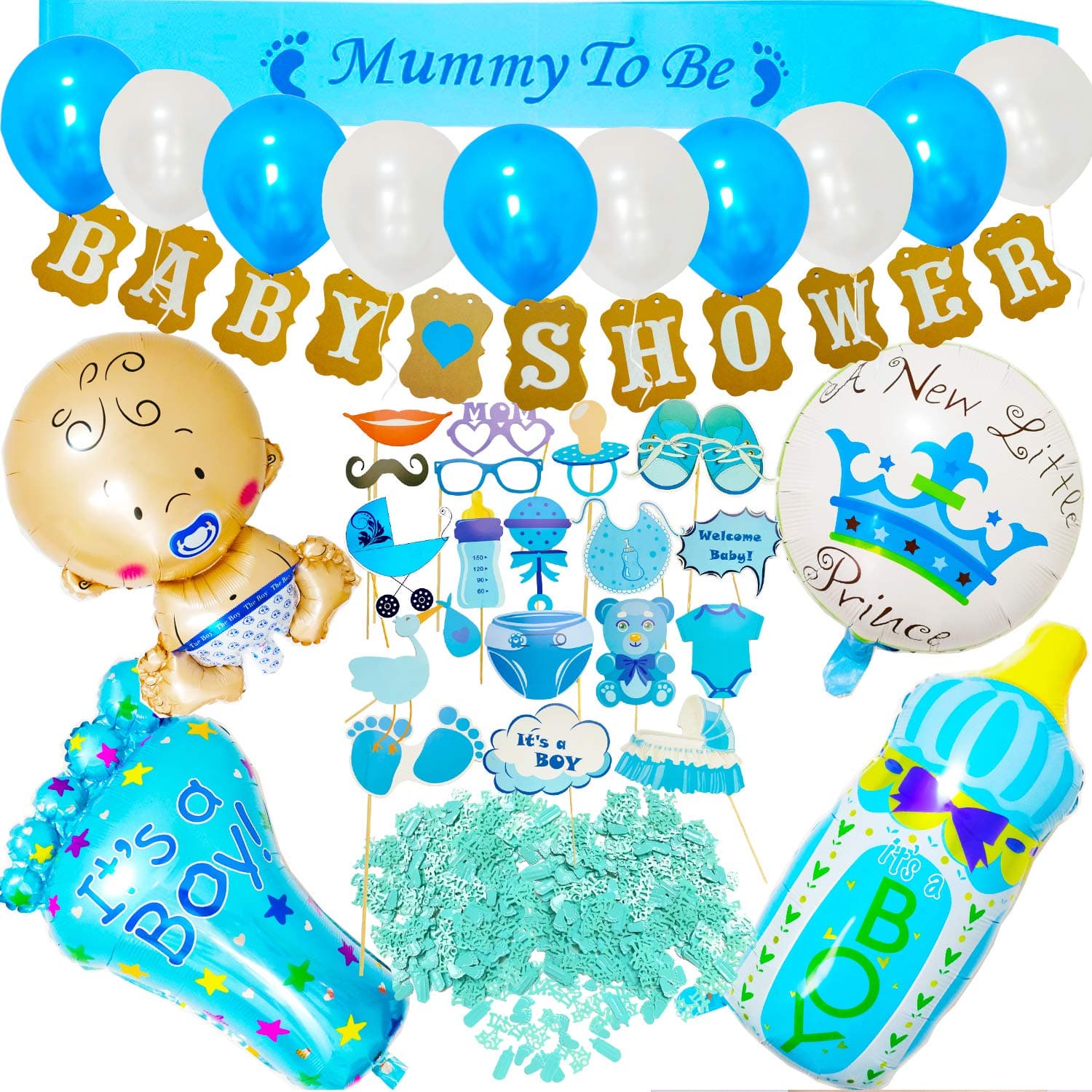 58pcs Boy Baby Shower Decorations Boy Baby - Shower Balloons Decorations Set Include Mummy to Be Sash Photo Booth Props Balloons Banners Confetti for Party Favor (Blue)