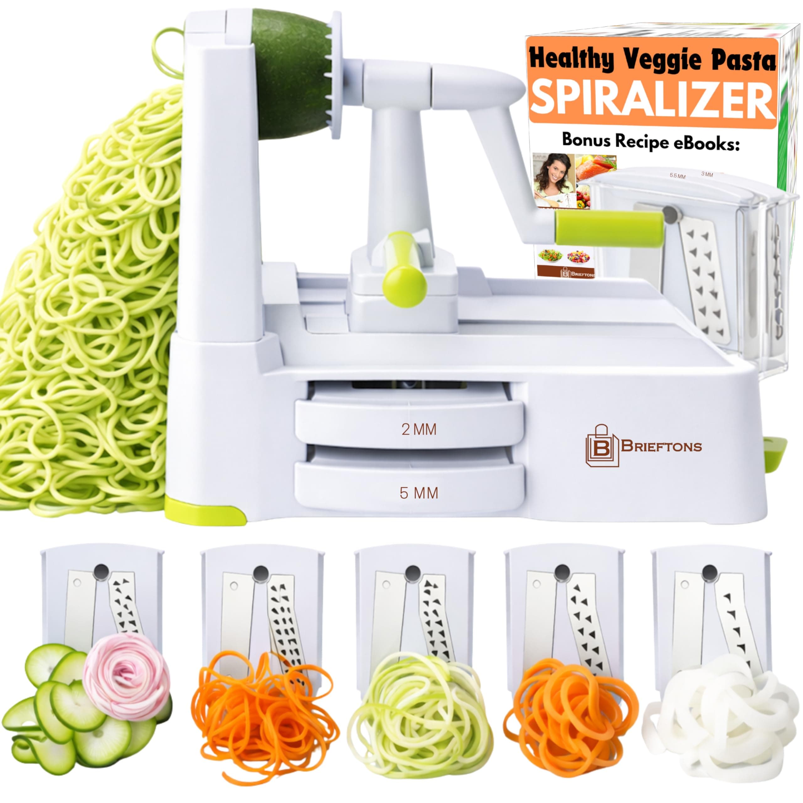 Brieftons 5-Blade Spiralizer (BR-5B-02): Strongest-and-Heaviest Duty Vegetable Spiral Slicer, Best Veggie Pasta Spaghetti Maker for Low Carb/Paleo/Gluten-Free, With Extra Blade Caddy & 3 Recipe Ebooks