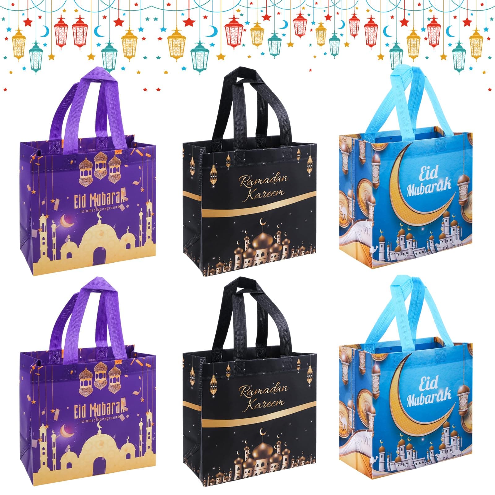 6Pcs Ramadan Gift Bags, 3 Styles Eid Mubarak Gift Bags, Multifunctional Non-Woven Eid Gift Bags, Ramadan Mubarak Gift Bags Goody Boxes, Bags for Ramadan Kareem Muslim Islamic Party Gifts