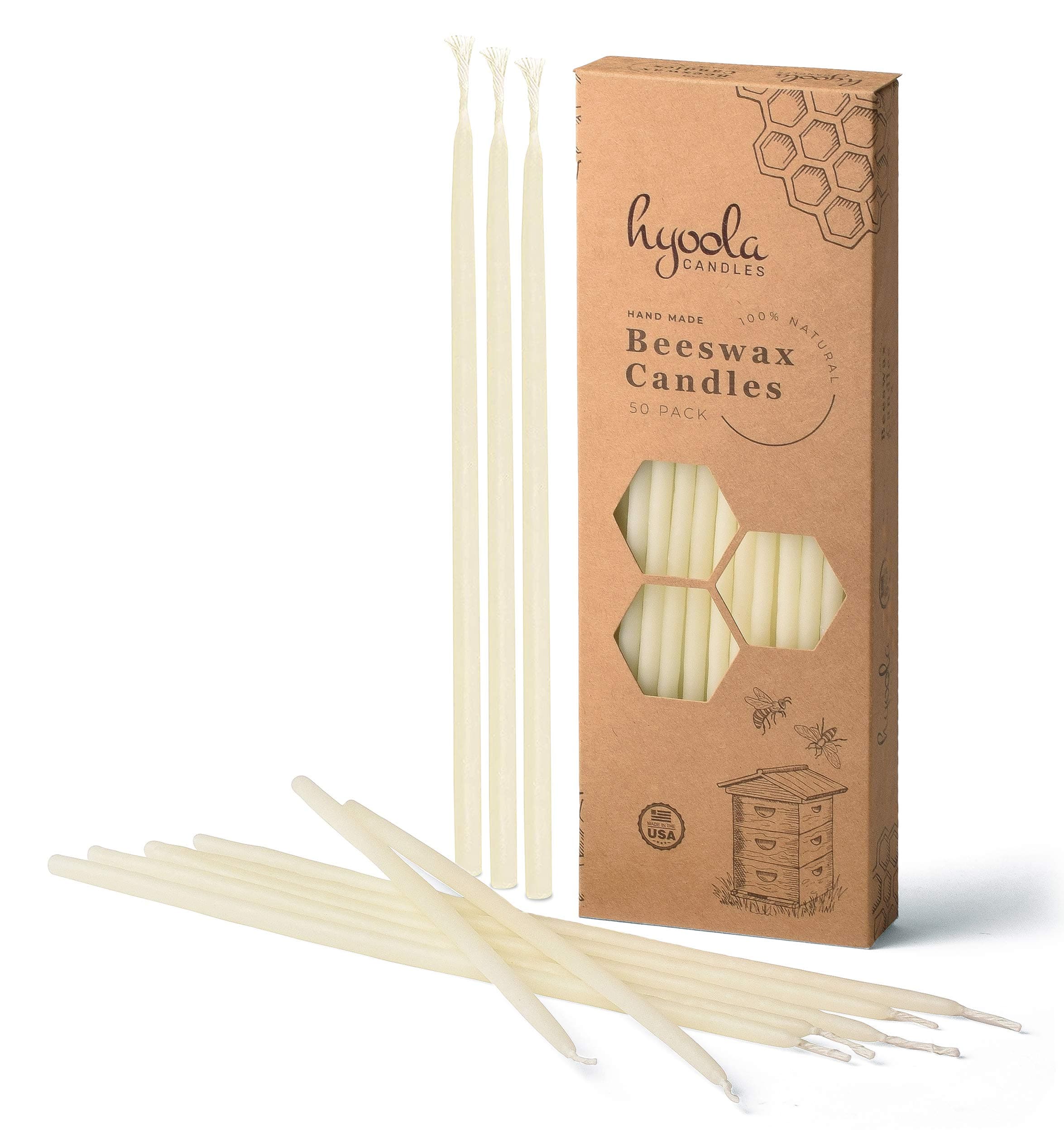 Hyoola Beeswax Skinny Taper Candles – 50 Pack - Natural Dripless Decorative Candles with Long Lasting Burn – Elegant Taper Design, Soothing Scent – 9” Tall – Handmade in The USA
