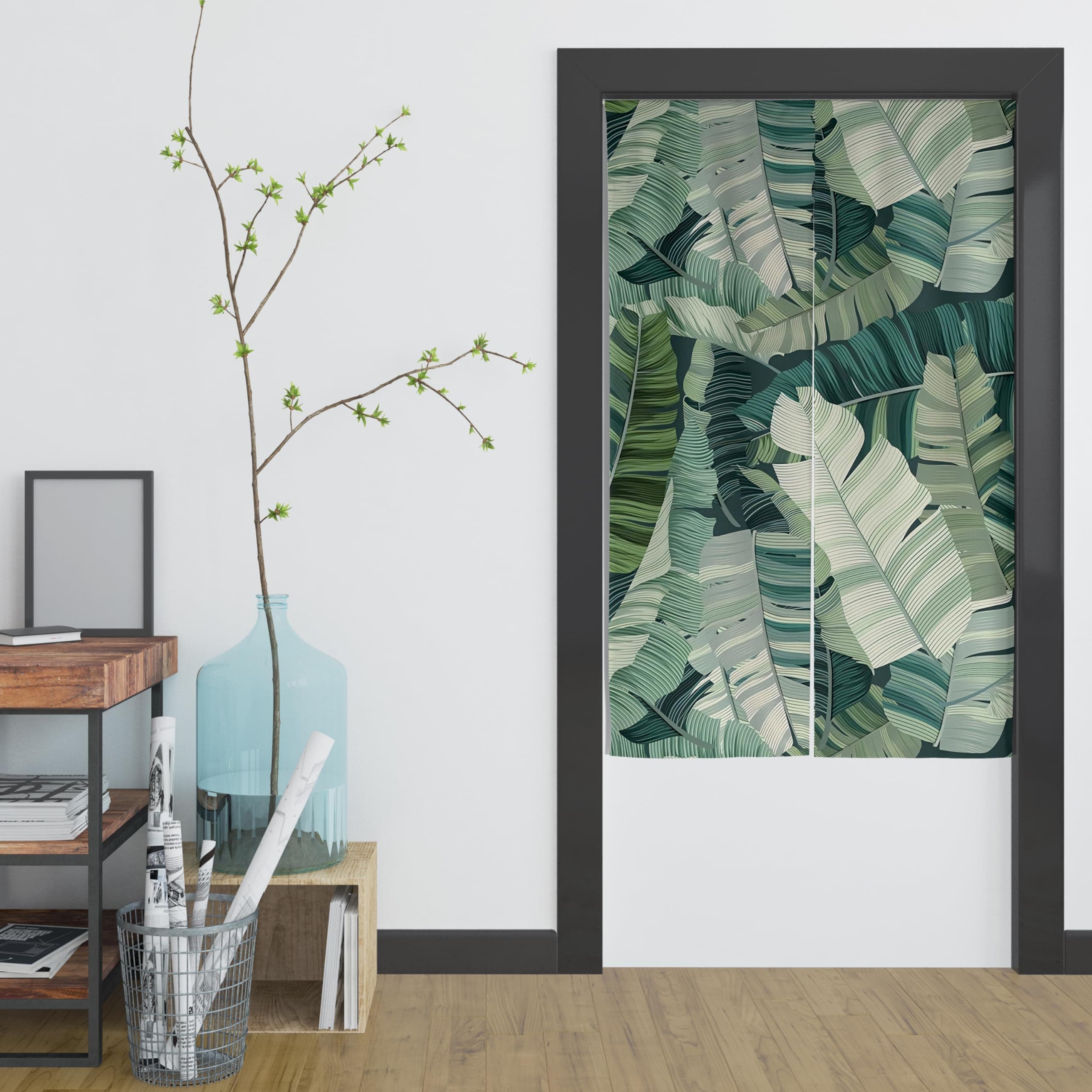 SPANKER SPACE Japanese Noren Aesthetic Style Green Leaves Asian Drape Split Doorway Curtain, Window Panel Privacy Partition Room Divider Home Kitchen Door Décor, 34"x60"