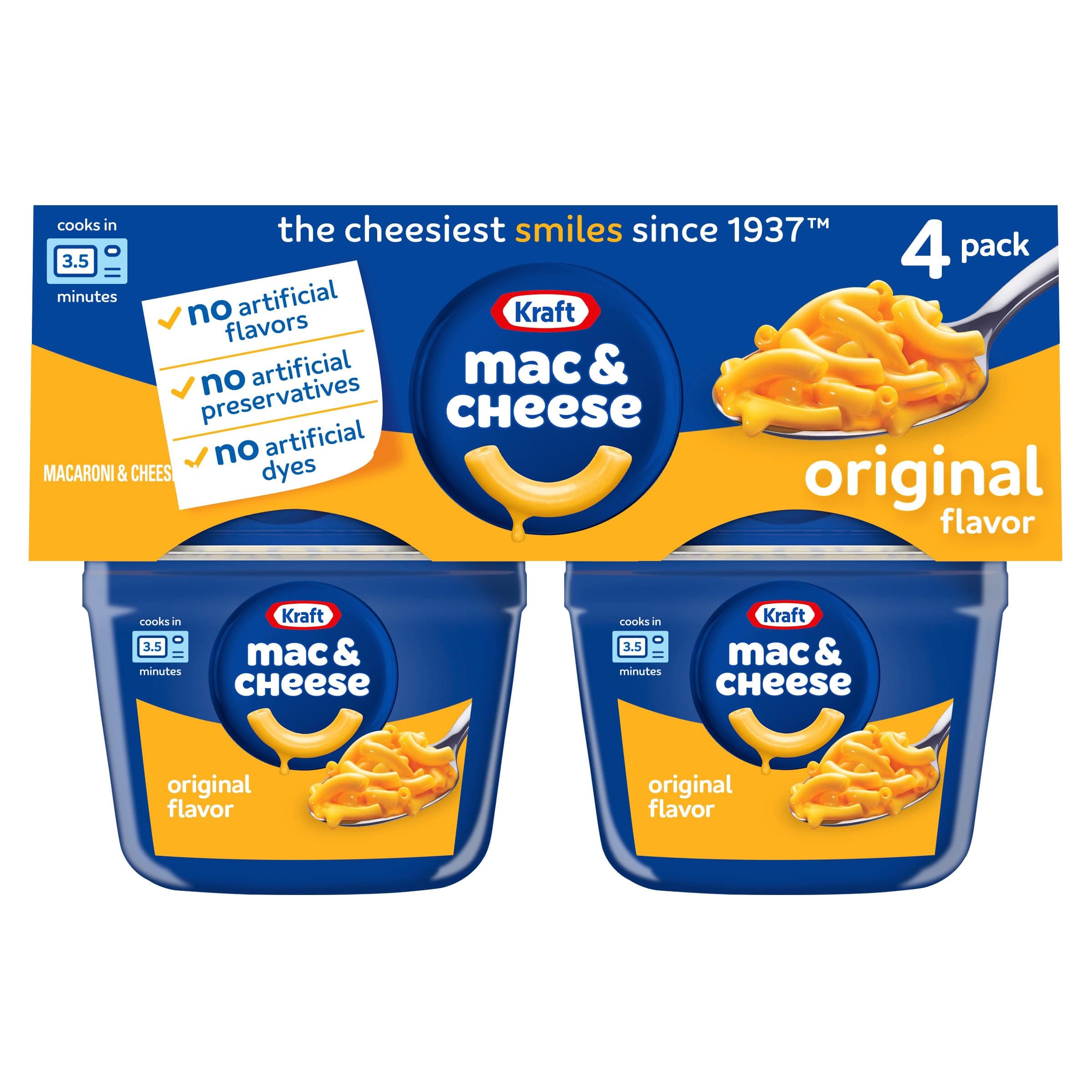 Kraft Mac and Cheese, 4 Cups, for Easy Dinner or Dinner Sides, Original Flavor, No Artificial Flavors, Preservatives or Dyes, 2.05 oz