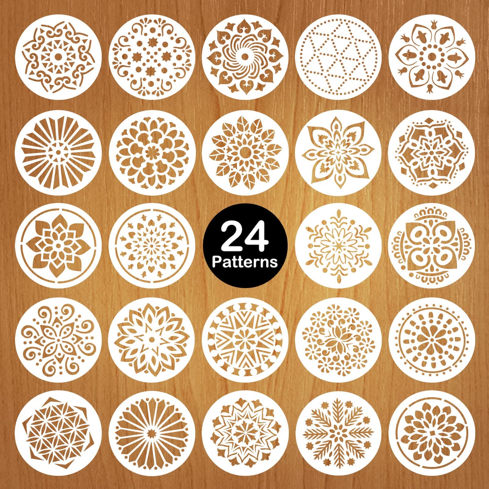 Mocoosy24 Pack 5 Inch Mandala Stencils - Mandala Dot Painting Template, Reusable Plastic Stencils for Painting on Wood, Rock, Wall, Floor Tiles, Fabric Arts Crafts