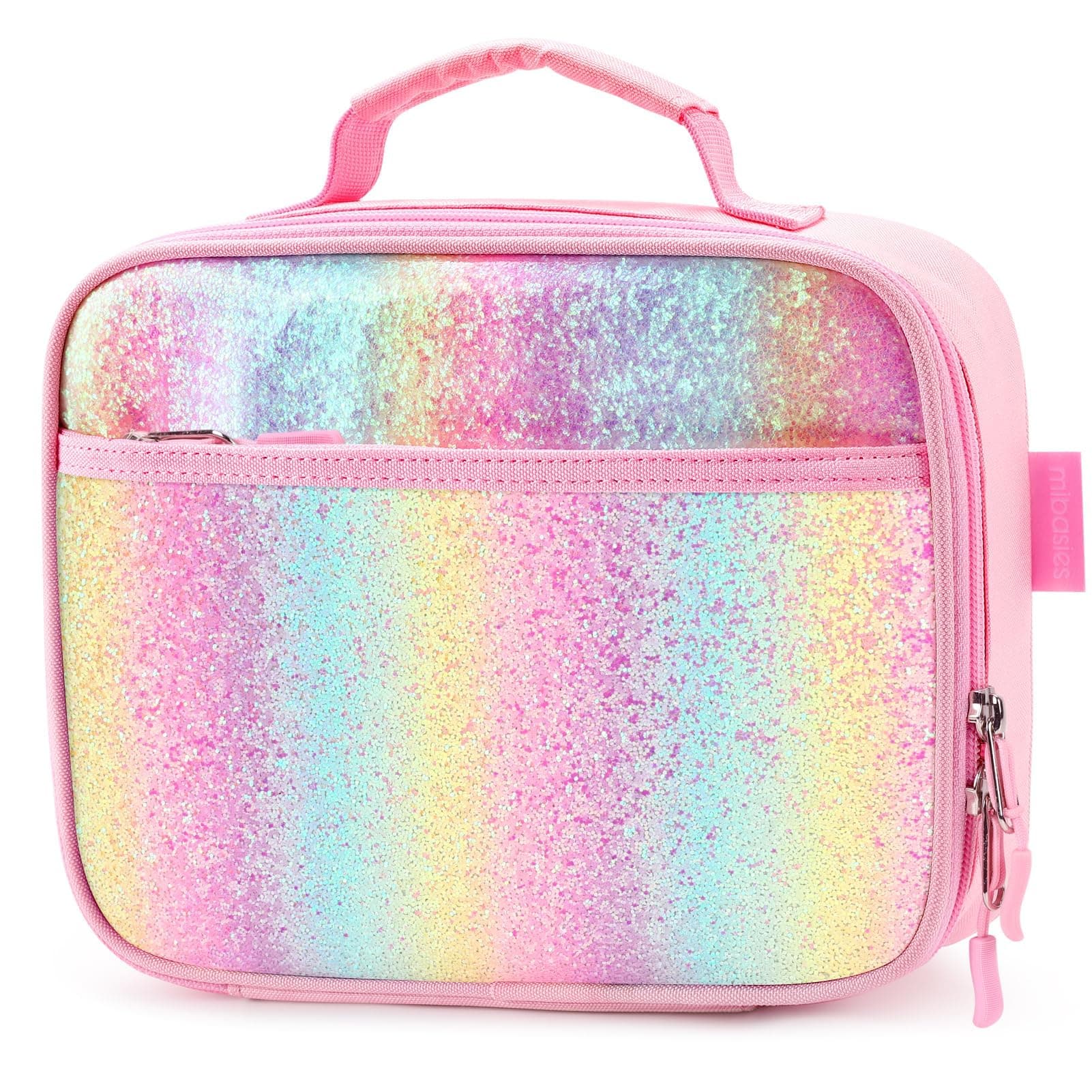 mibasies Kids Lunch Box for Girls Toddler, Insulated and Reusable Lunch Bag for School, Pink Blue Rainbow