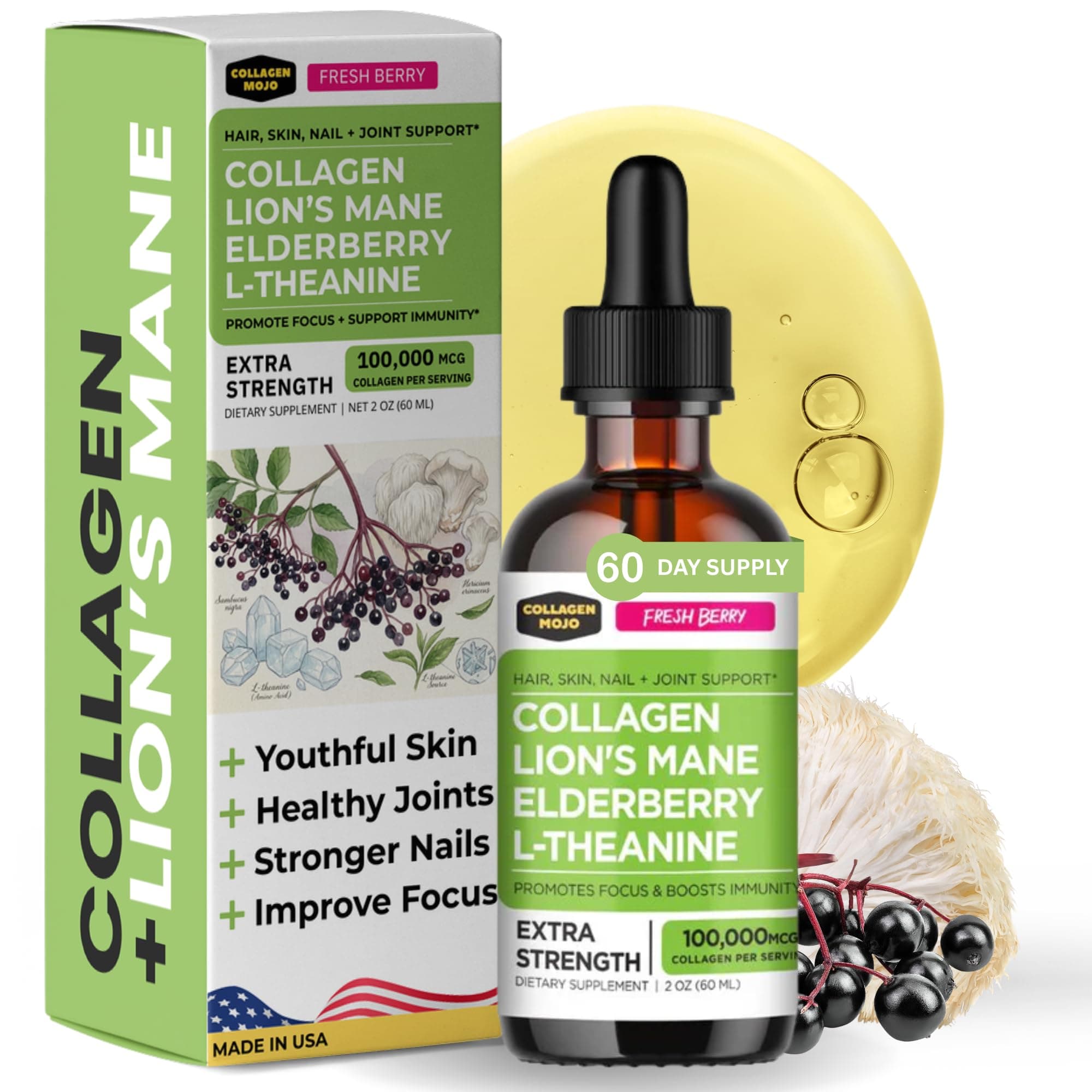 Collagen Mojo - Liquid Collagen for Women & Men, Collagen Peptides with Lion's Mane Mushroom, Elderberry & L-Theanine - Hair, Skin, Nails, Joint Support, Focus, High Absorption - 100,000mcg, 2 Oz