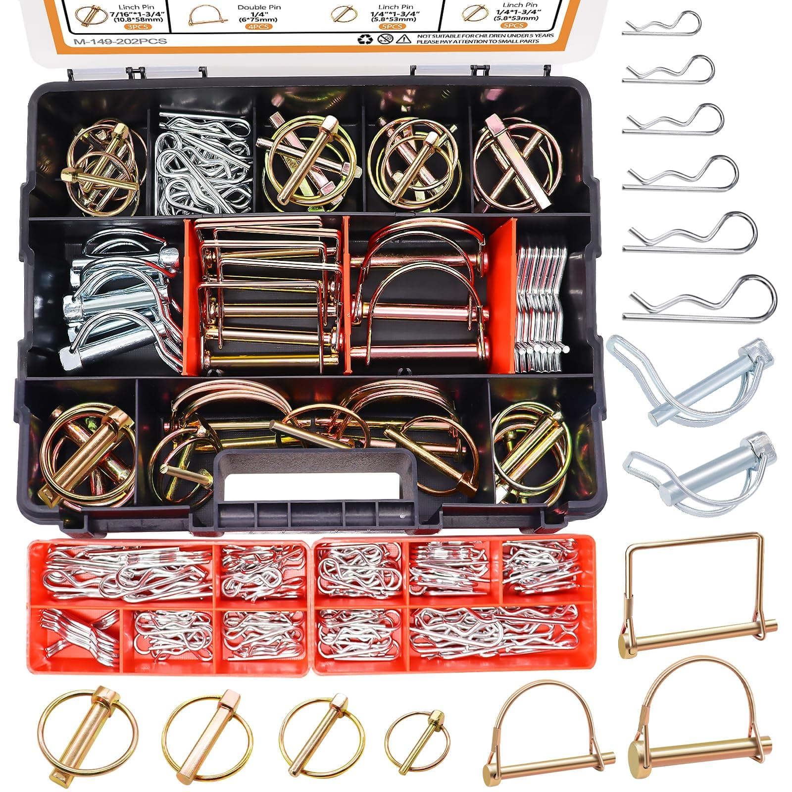 Mankk 202PCS Heavy Duty Hitch Pin Clip Assortment Kit - Tractor, Linch, PTO, R Clip, Hair Pins for Farm Tractors, Trailers, Trucks, Attachments, Lawn Mowers