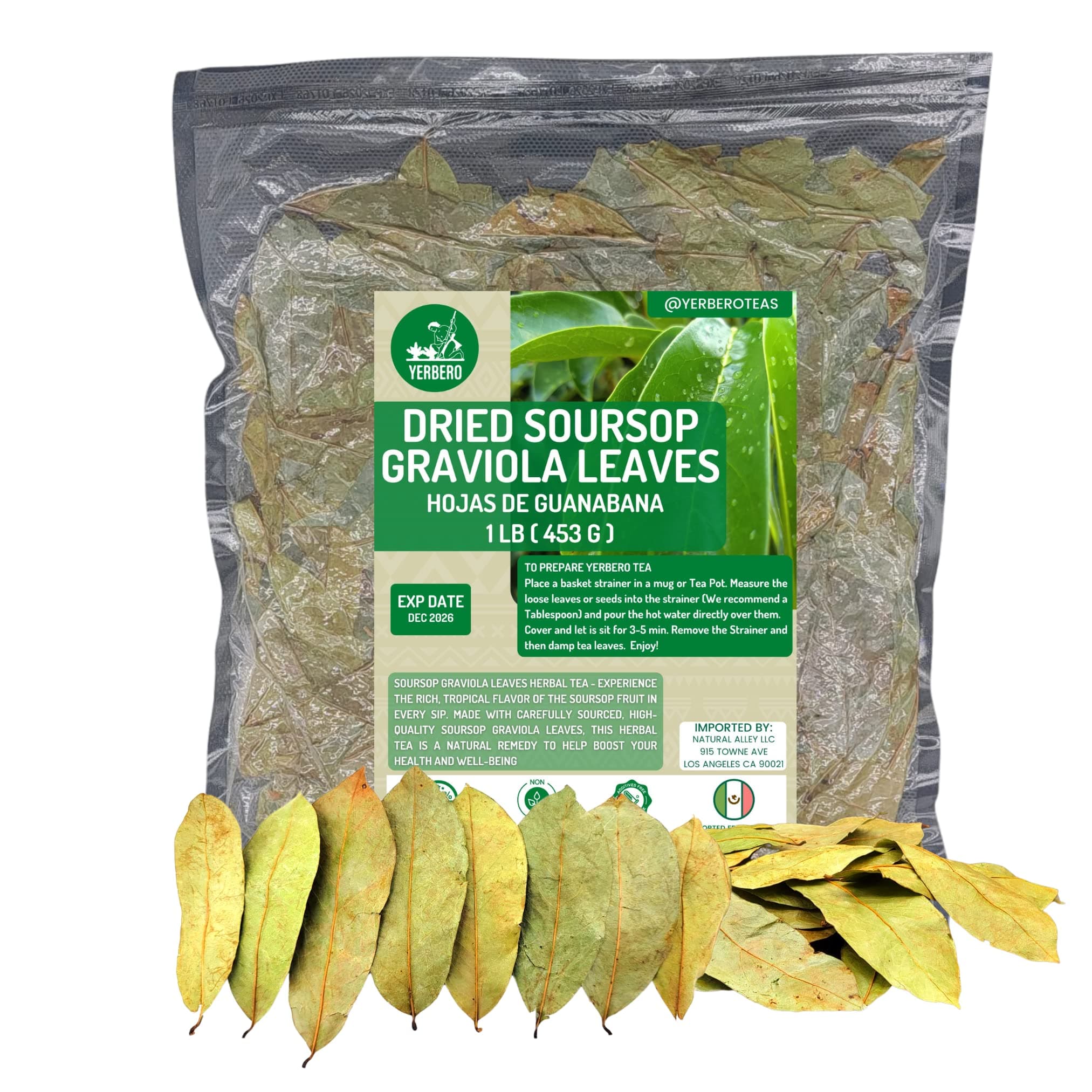 - Yerbero - Whole Wildcrafted Dried Graviola Soursop Leaves 1 LB (453g - 1300+ Leaves Per Bag) Hoja De Guanabana Seca, Crafted By Nature | Vacuum Sealed for Freshness | From Mexico | Premium Quality.