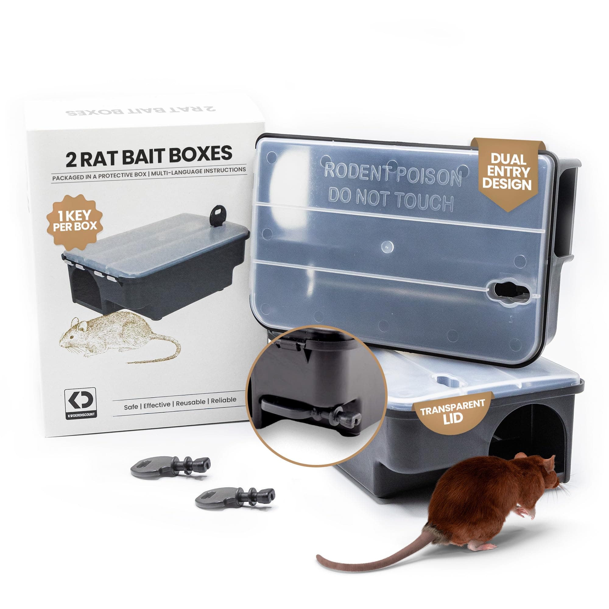 Professional Rat & Mouse Bait Station – 2 Lockable Weather-Resistant Rat Trap Boxes with Clear Lid & Dual Entry – Reusable Rodent Control (Bait Not Included)