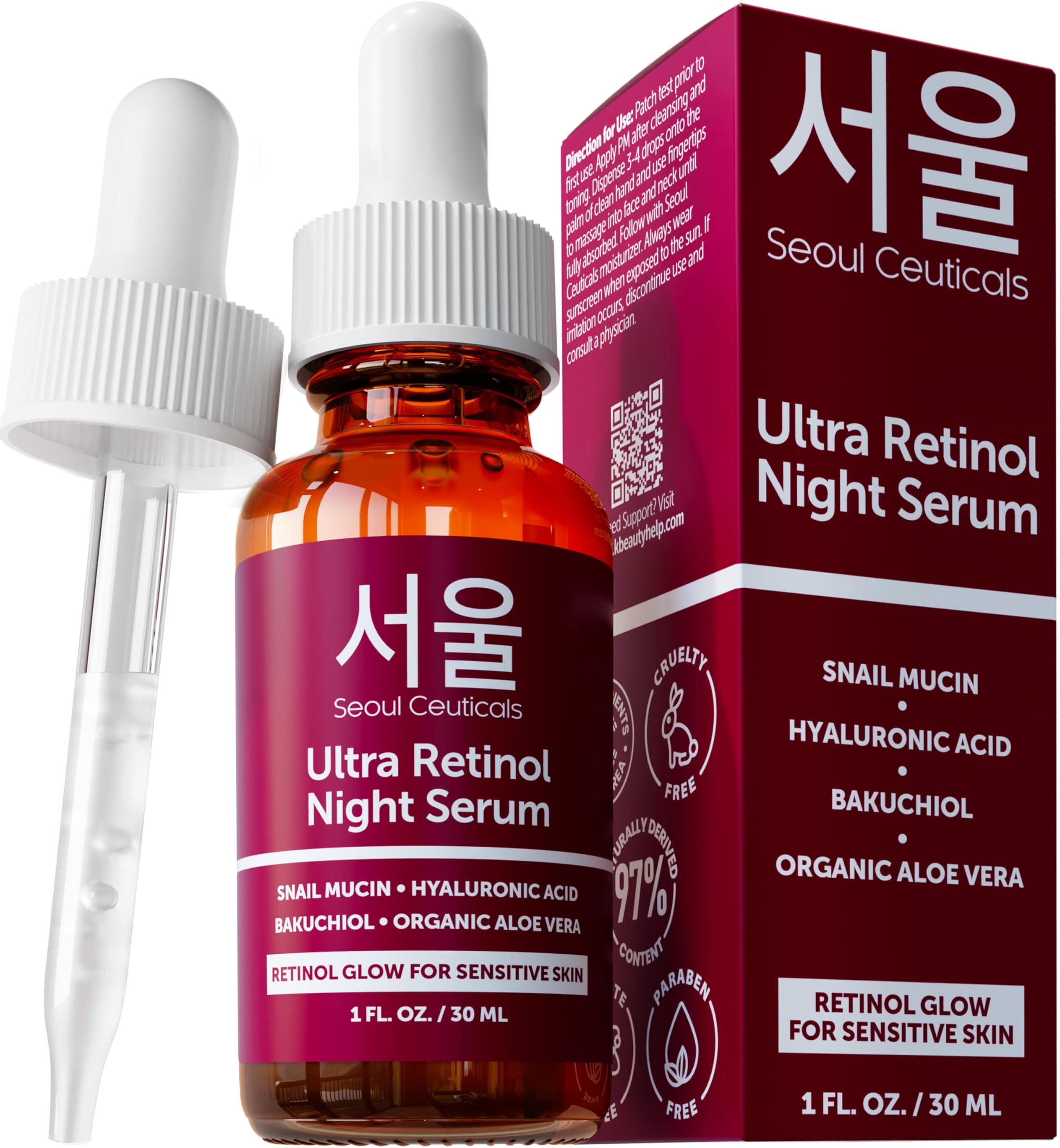 SeoulCeuticals 1% Korean Retinol Night Serum for Face - 97.5% Snail Mucin + Hyaluronic Acid + Bakuchiol, Cruelty Free K Beauty for Sensitive Skin 1oz