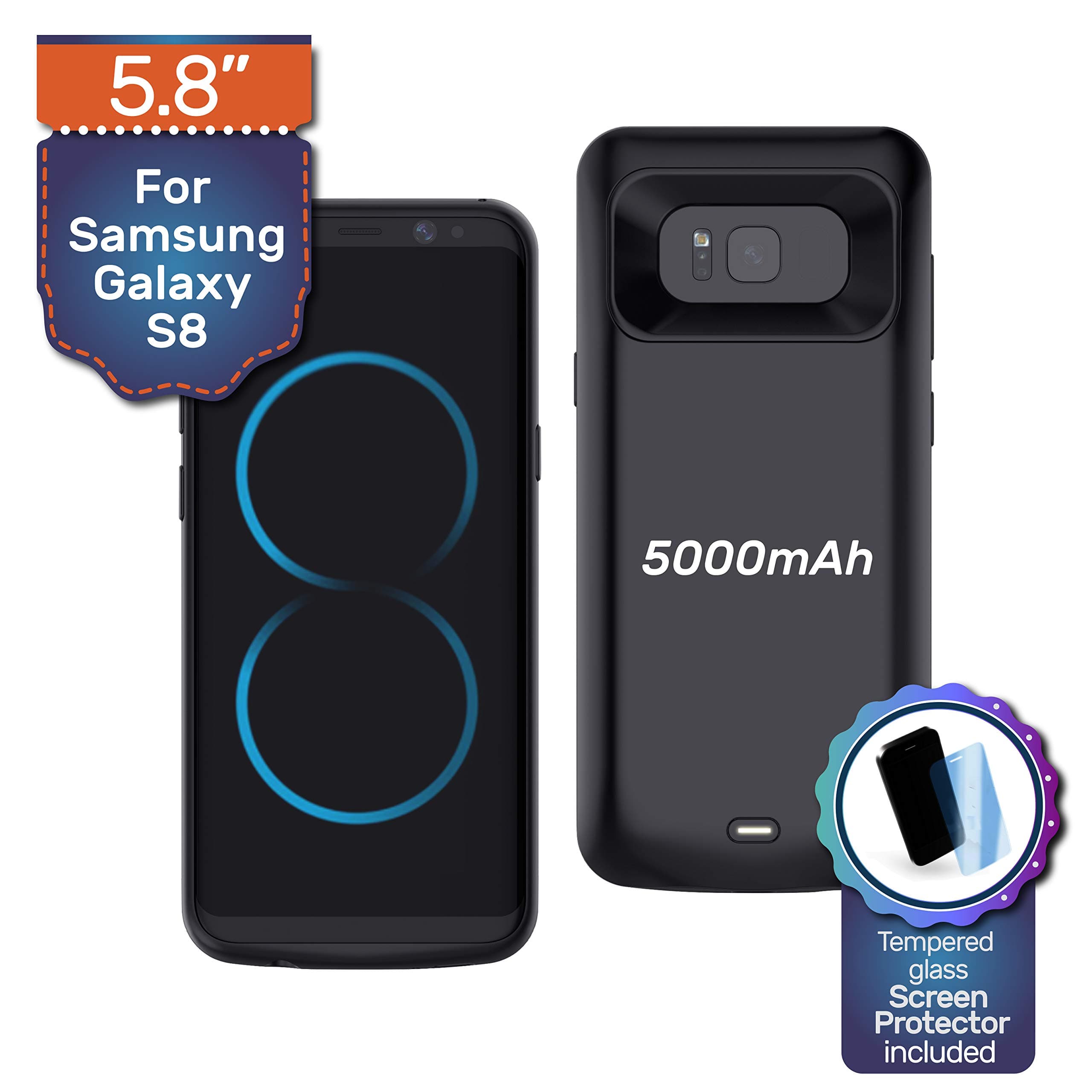 NRO Battery Case for Samsung Galaxy S8 (5.8 Inch) 5000mAh Wireless Charging Portable Rechargeable Extended Battery Pack Protective Charging Case with Tempered Glass Screen Protector