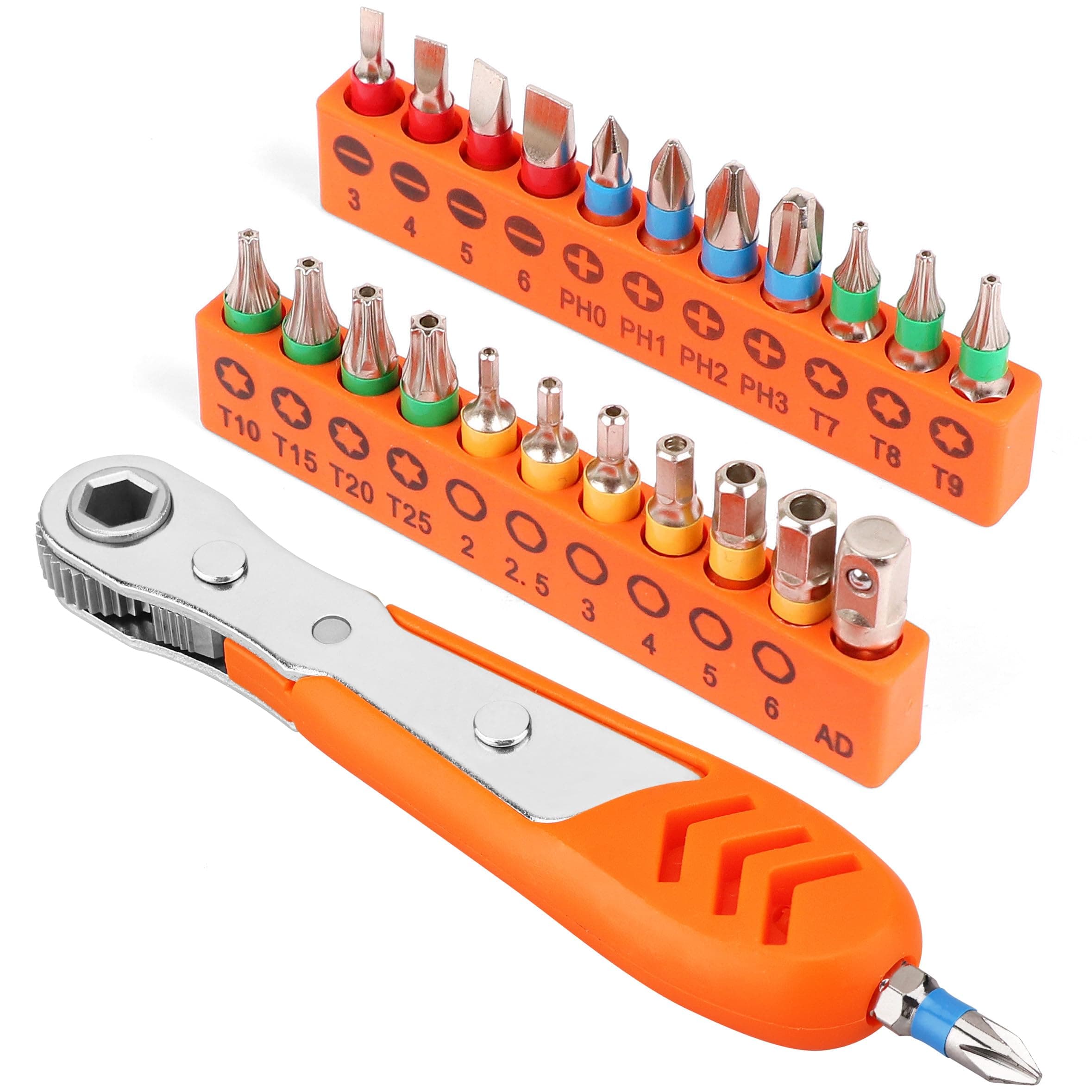 HORUSDY 23pc 1/4" Ultra Low Profile Mini Ratchet Screwdriver Set – Tamper Resistant Star Bits, 90 Degree Right Angle Offset Reversible Drive Handle, High Torque Close Quarters Tool with Multi Hex Bits