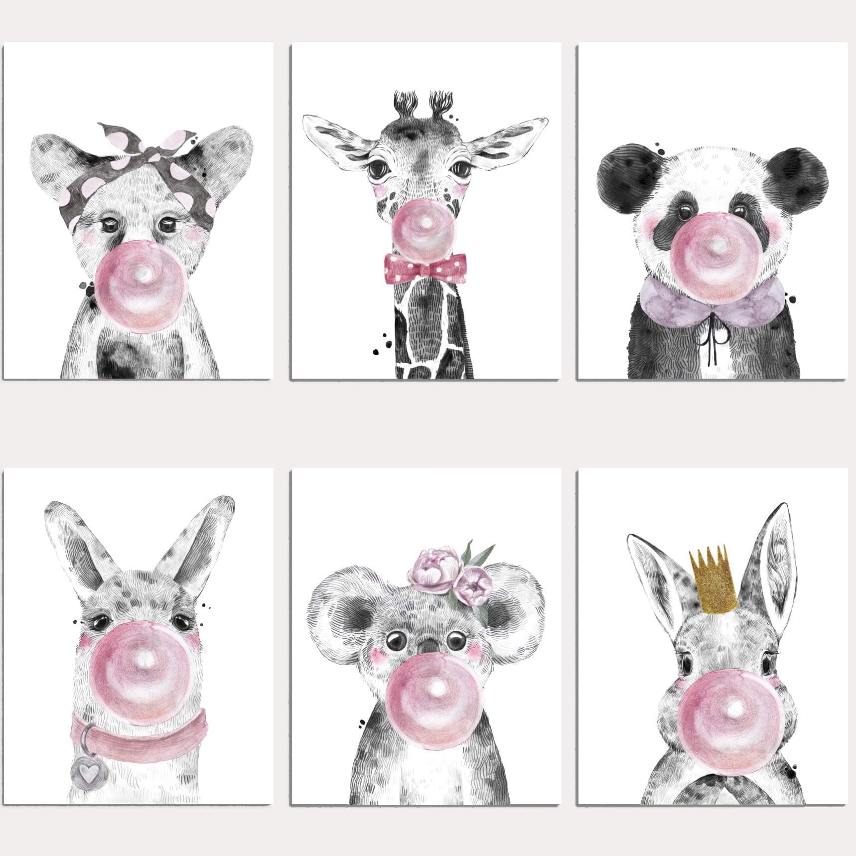 6 Bubble Gum Baby Animals Posters Kids Whimsical Wall Art Prints - Children's Set Baby's Nursery Child's Bedroom (Unframed) Decor Printed Illustrations for Girls By Ritzy Rose (Bubble Gum Animals)