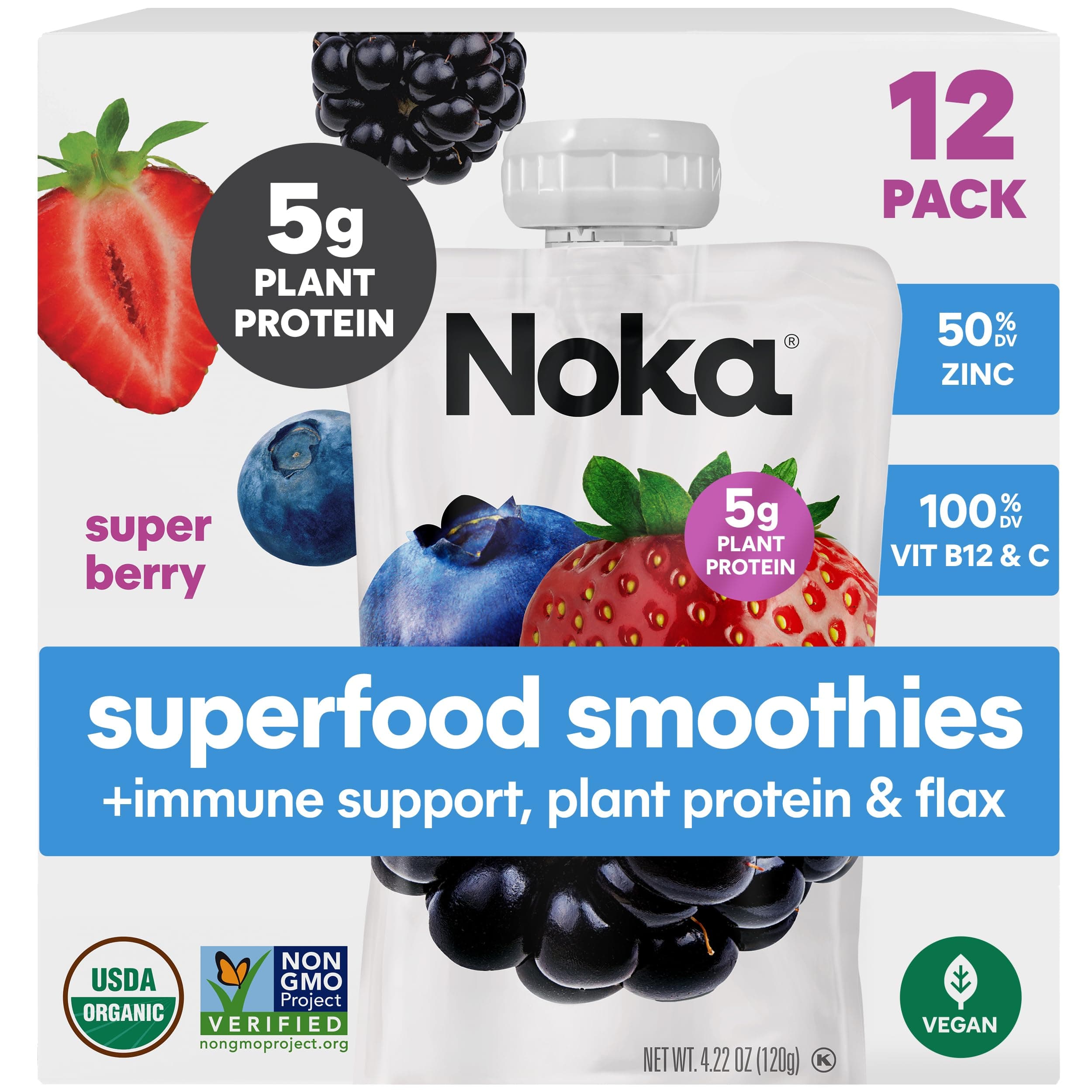 NOKA Noka Superfood Fruit Smoothie Pouches, Super Berry with Immune Support, Healthy Snacks with Elderberry, Flax Seed, Plant Protein, and Prebiotic Fiber, Gluten Free and Vegan, 4.22 o