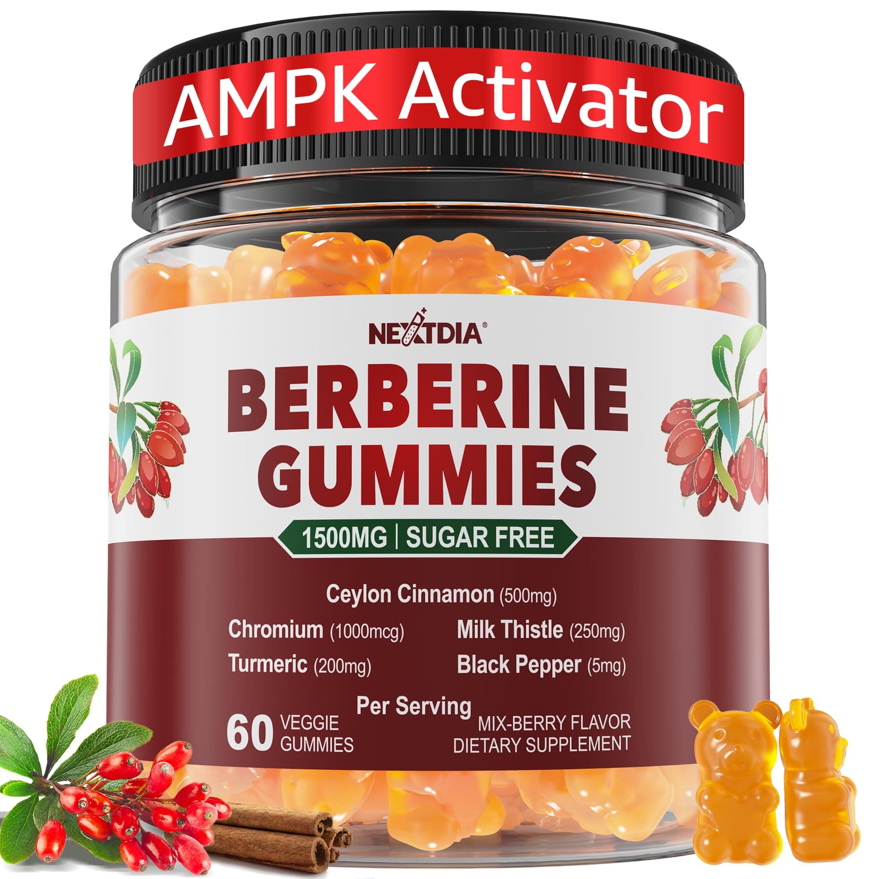 Berberine Gummies Supplement 1500mg, Natural GLP-1 Support + Ceylon Cinnamon, Chromium, Milk Thistle, Turmeric, AMPK Activator for Women & Men, Berberine HCl from Indian Barberry, Sugar Free, 60 Count