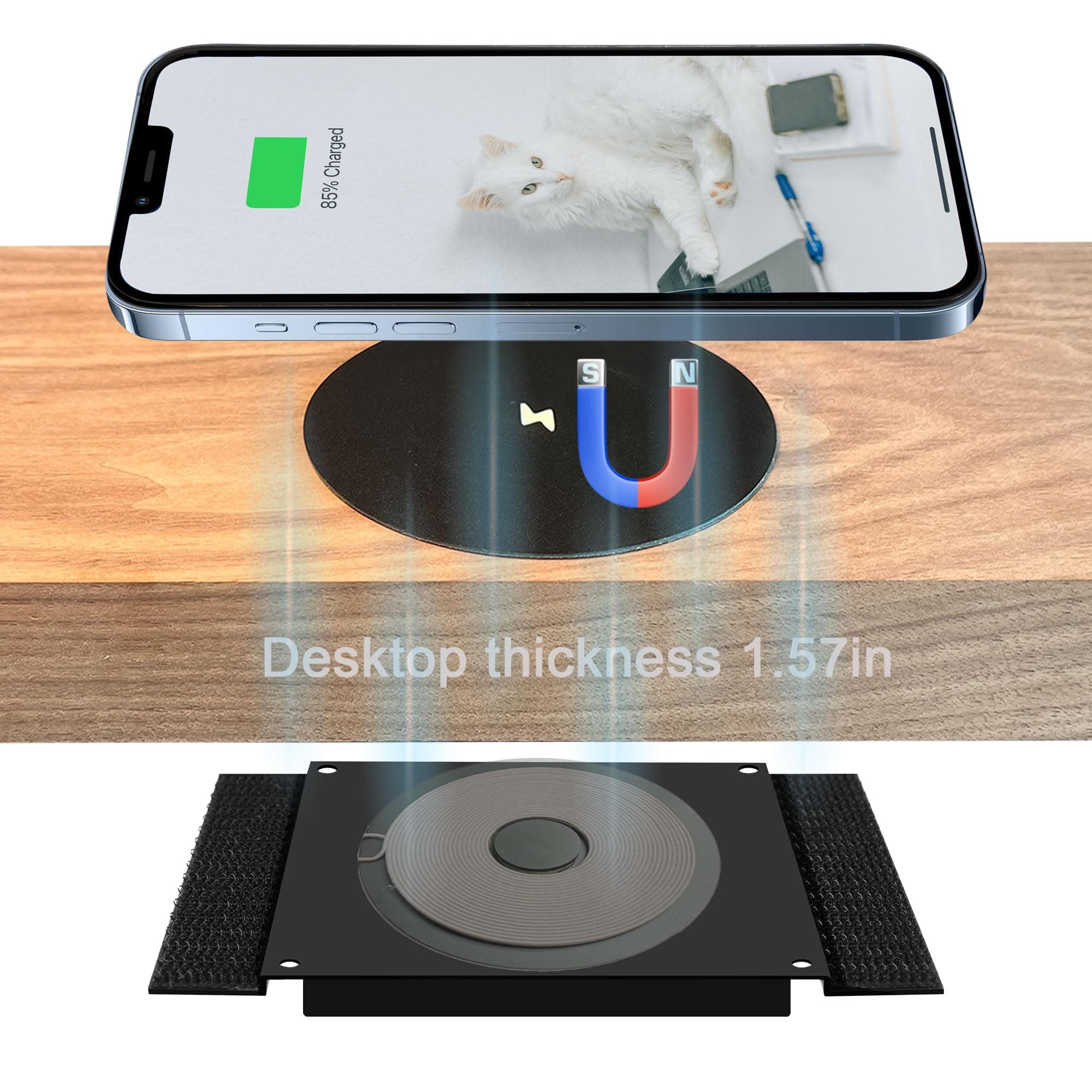 40MM Magnetic Invisible Wireless Charger, Under Desk 15W Furniture Wireless Charging Pad for Magsafe iPhone 15/14 (with PD Adapter) (Magsafe Desk Sticker Coil Included)