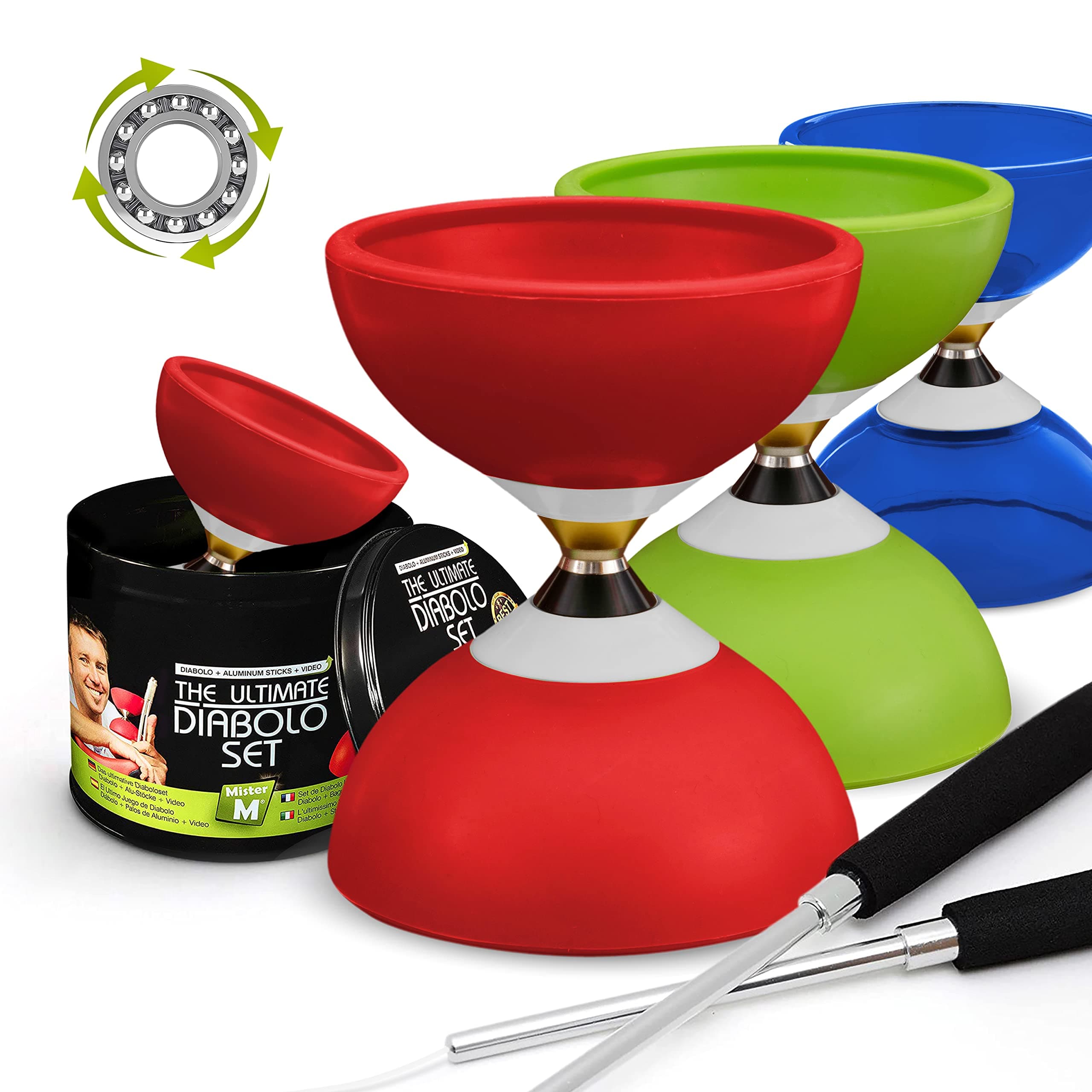 Ball Bearing Diabolo with 3 Ball Bearings + Sticks + Extra String + Free Online Video - Super Spin. Designed by MisterM The Ultimate Diabolo Set (Red)