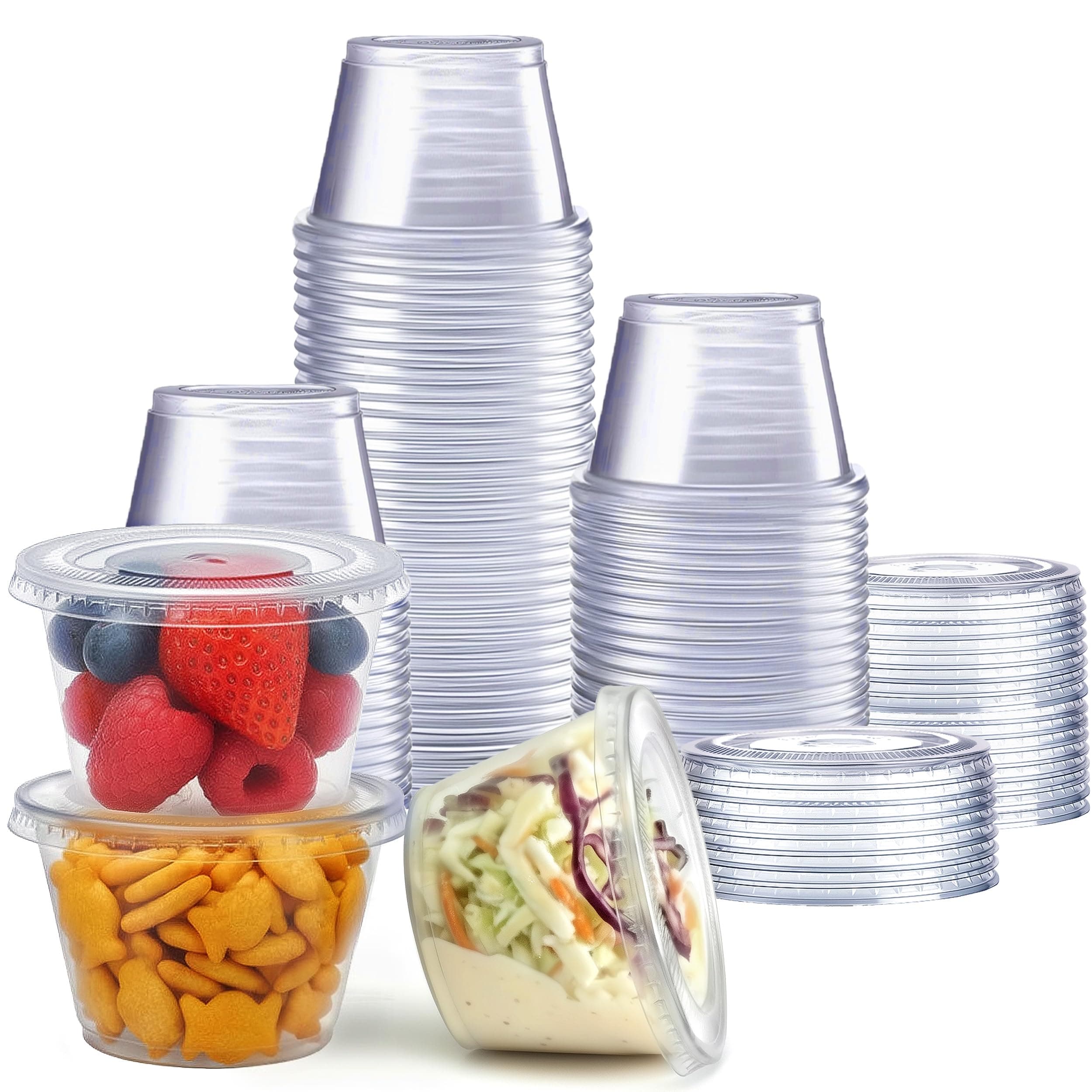 GUSTO 4 oz Jello Shot Cups with Lids [100 Count] Clear Plastic Portion Containers, Condiment Cups for Sauces, Dressings & Samples – Durable, Stackable, Leak-Resistant (Formerly Comfy Package)