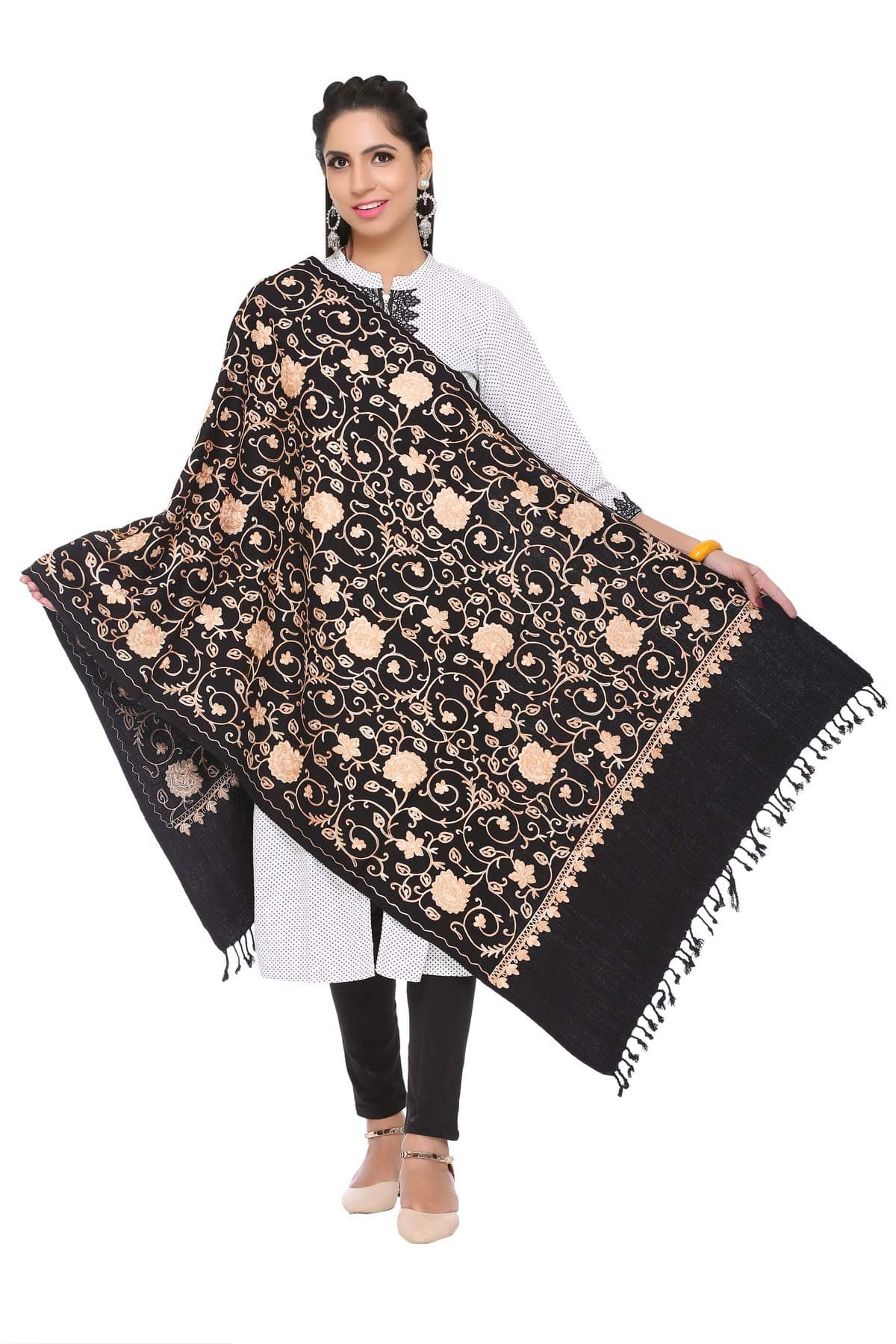 The MadhuSudan Gallery Women's Kashmiri Woolen Embroidered Shawl (Black)