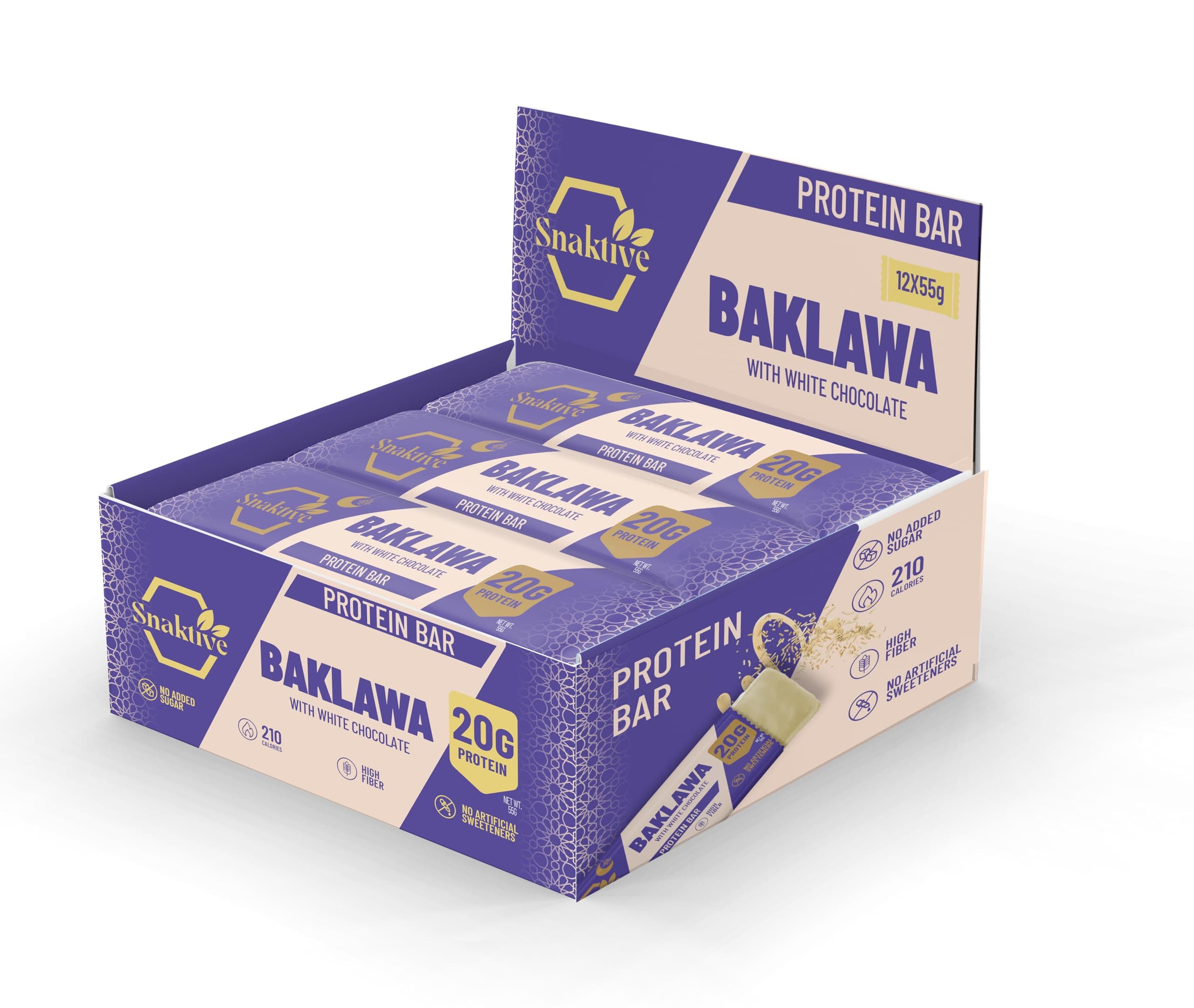 Snaktive Baklawa Protein Bars, High Protein and High Fiber Natural Clean Bar, 12x55G Crunchy Bars, Pre & Probiotics