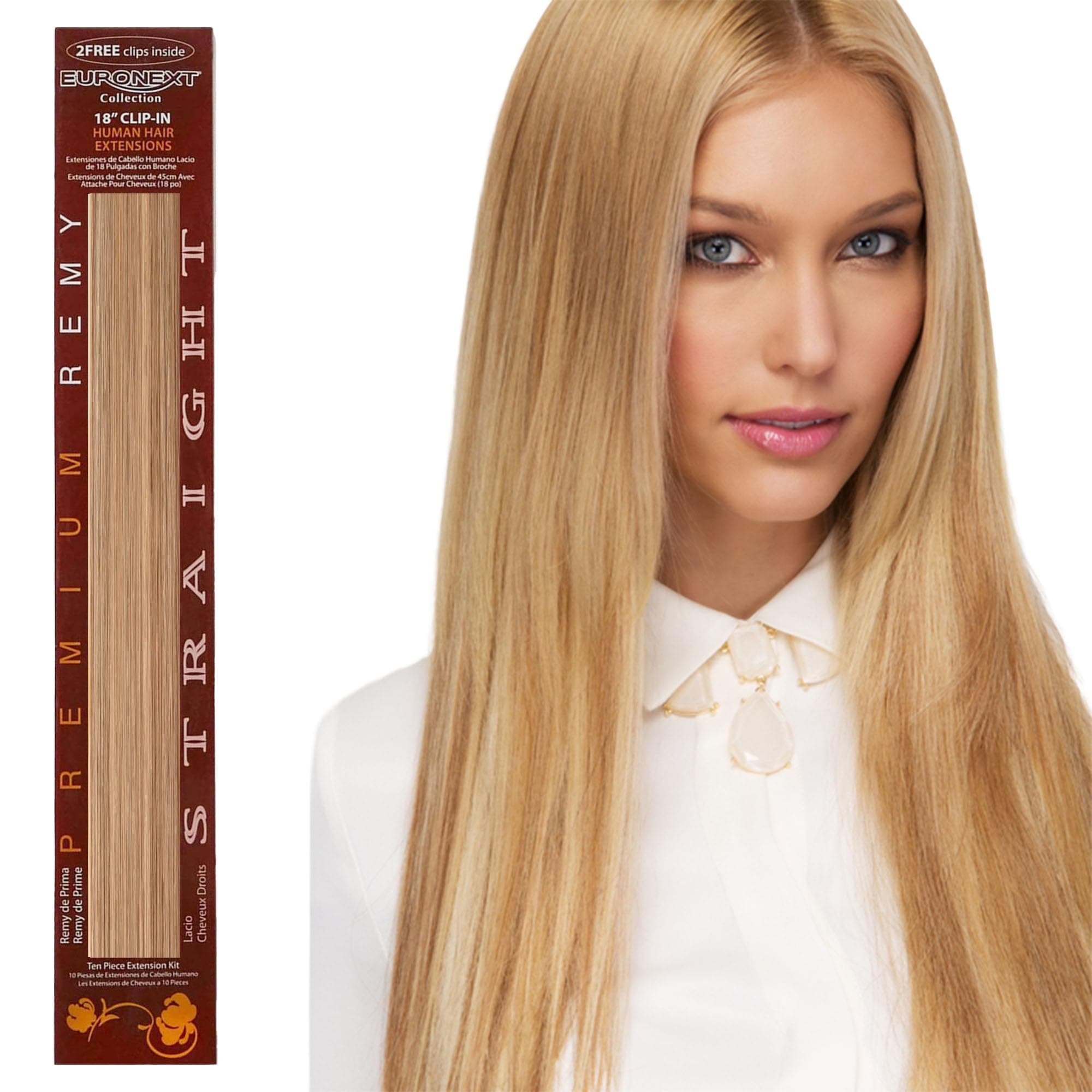 Clip in hair extensions, 100% Remy human hair, 18 inches, Straight, Curly, Blonde Frost