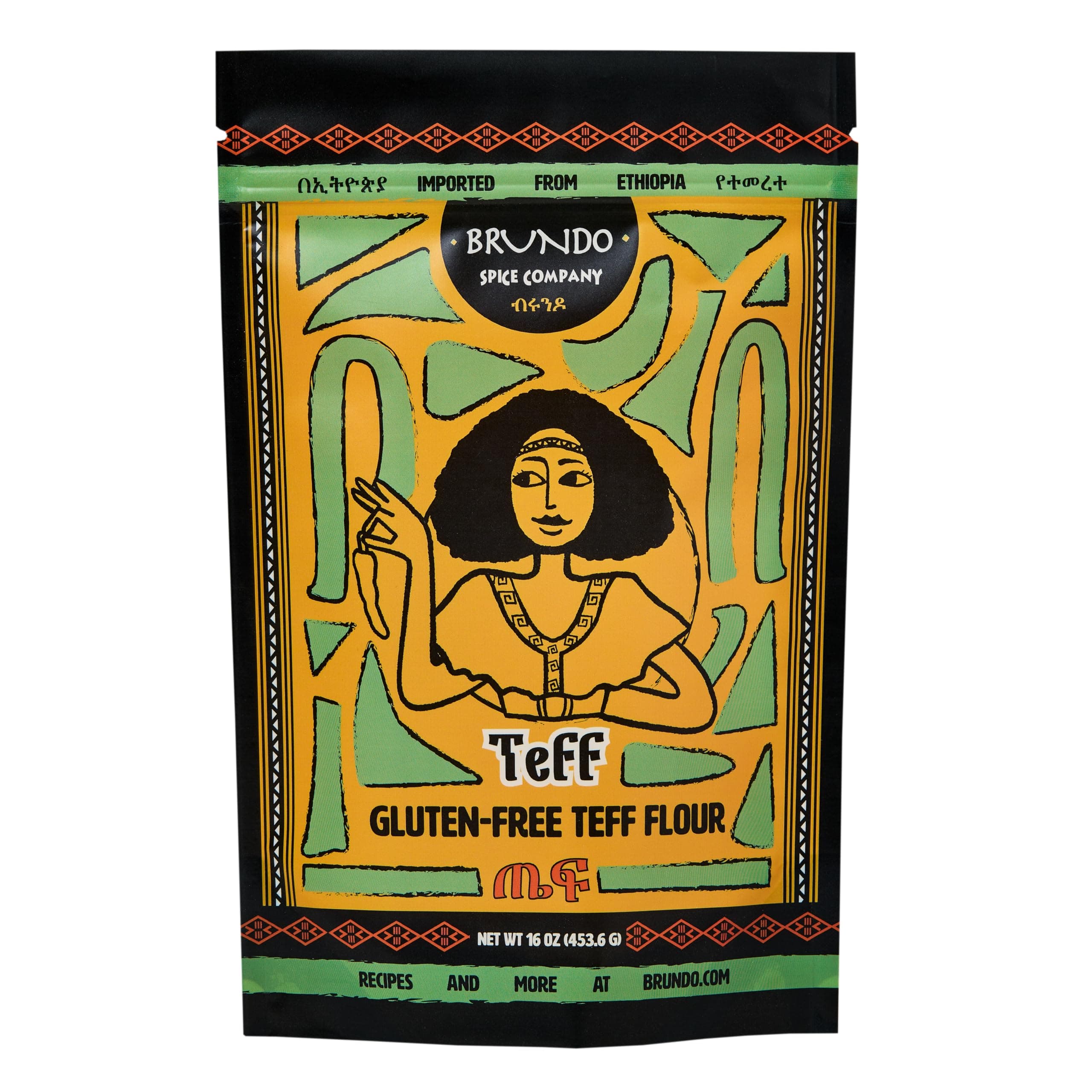 Brundo Ethiopian Spice Company | Gluten Free Teff Flour | Hand Picked & Processed Authentic Powdered Ethiopian Teff Grain | Harvested in and Imported from Ethiopia | All-Natural | No Preservatives | ጤፍ (16oz) |