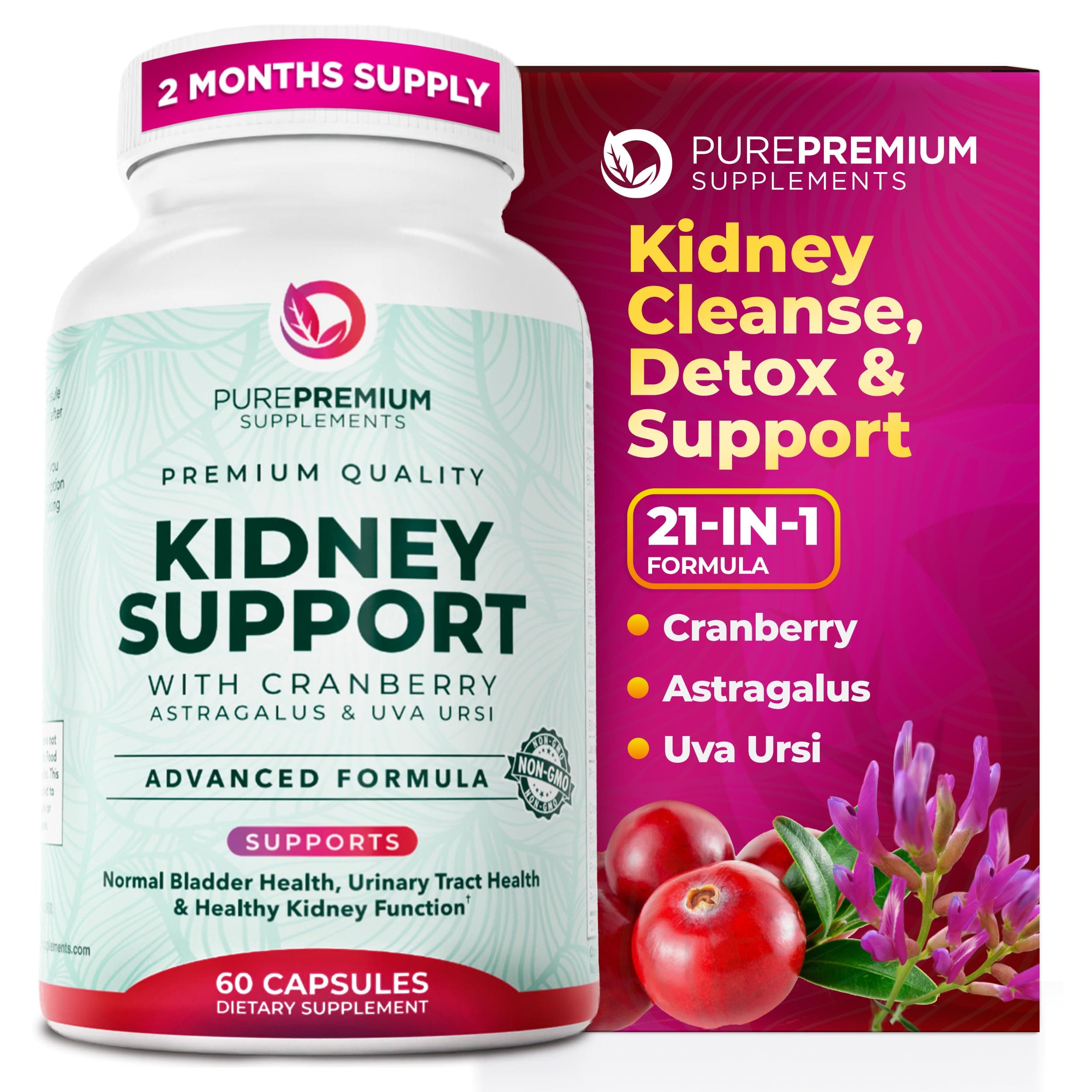 PurePremium Supplements Premium Kidney Support by (Kidney Cleanse ) Potent Herbal Ingredients for Urinary Tract and Bladder Health – Cranberry Extract, Astragalus and Uva Ursi Leaf - 60 Caps