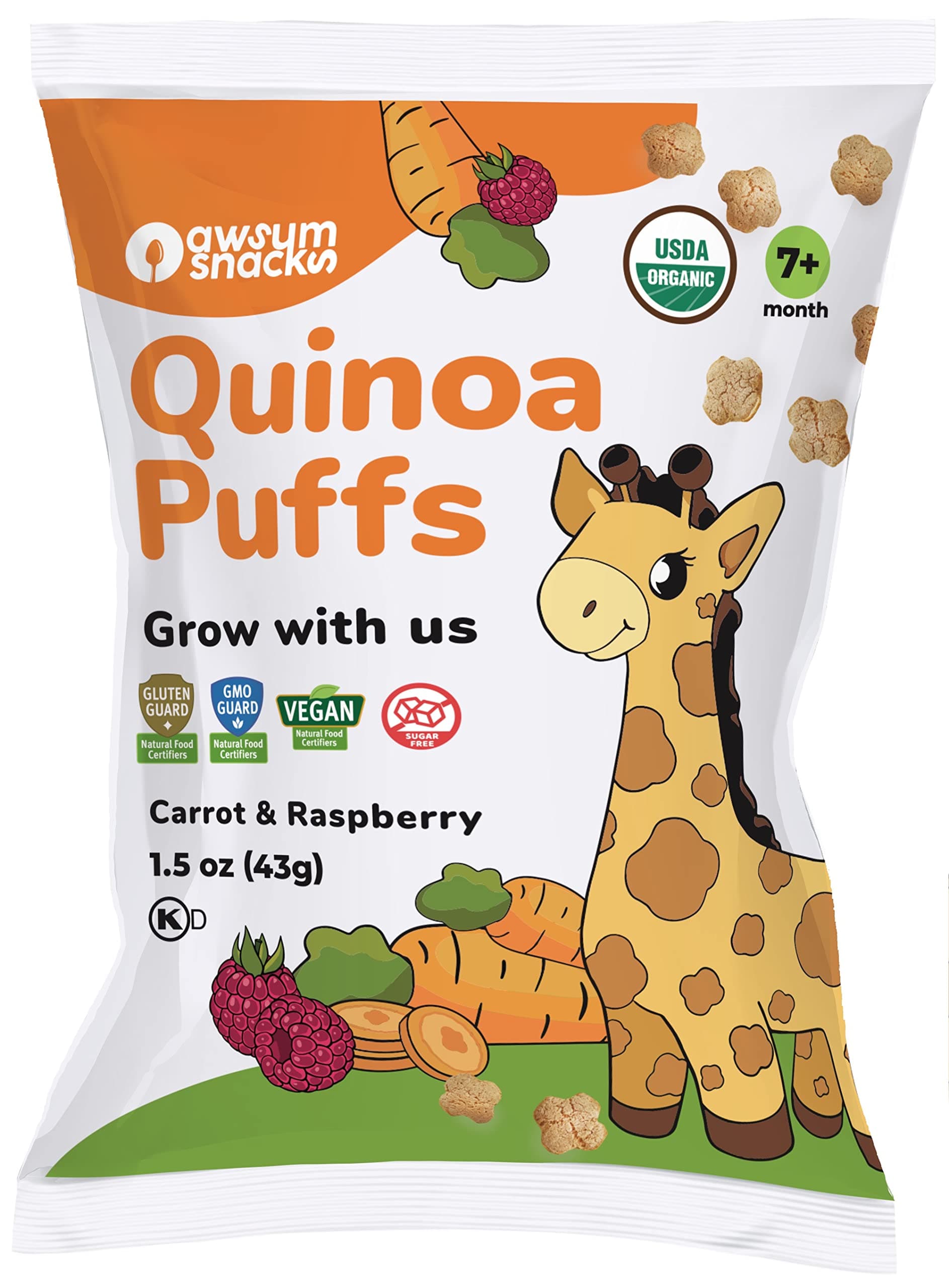 Awsum Snacks Quinoa Puffs Carrot & Raspberry 1.5 oz bag (12 bags) Healthy Kids Snack - Essentials Food - Kosher Vegan Gluten Free Puffed Cereal - Diabetic No Sugar Crunchy Cereals