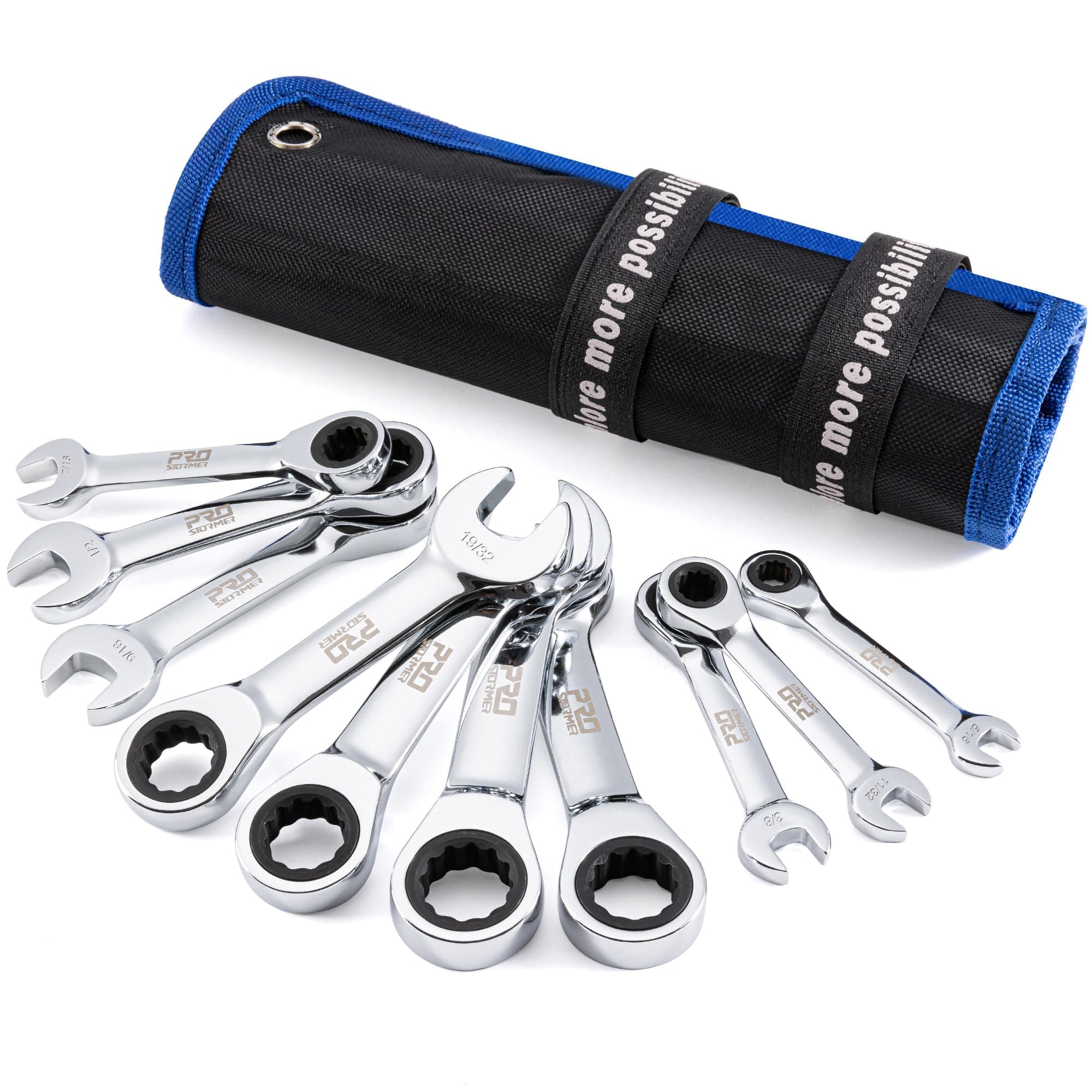 Prostormer Stubby Ratcheting Combination Wrench Set, 10-Piece 5/16" to 3/4" SAE Chrome Vanadium Steel Ratchet Wrenches with Rolling Pouch, 72-Teeth, 12-Point Box End