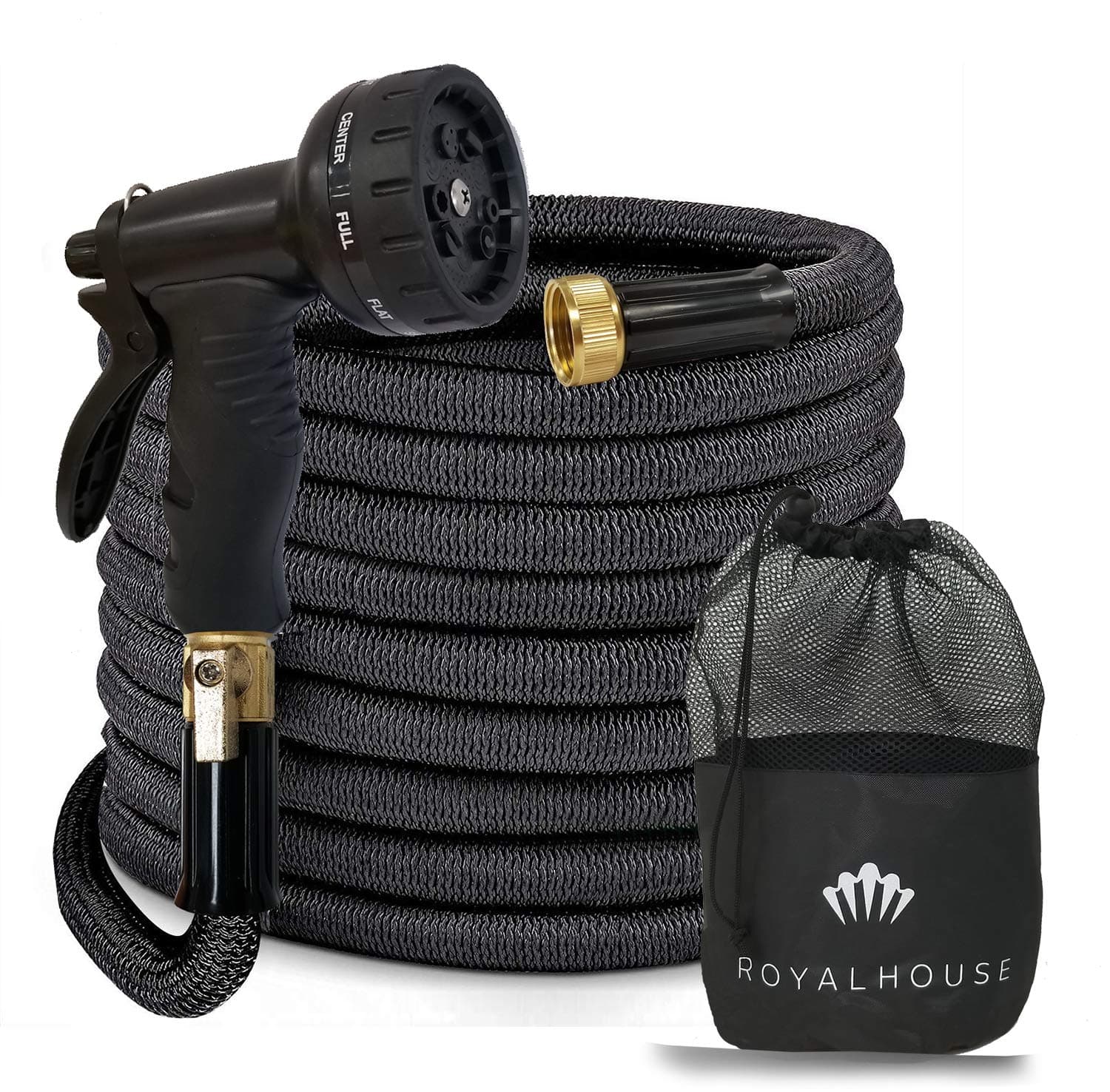 ROYALHOUSE 75 FT Black Expandable Garden Hose Water Hose with 9-Function High-Pressure Spray Nozzle, Heavy Duty Flexible Hose - 3/4" Solid Brass Fittings Leak Proof Design