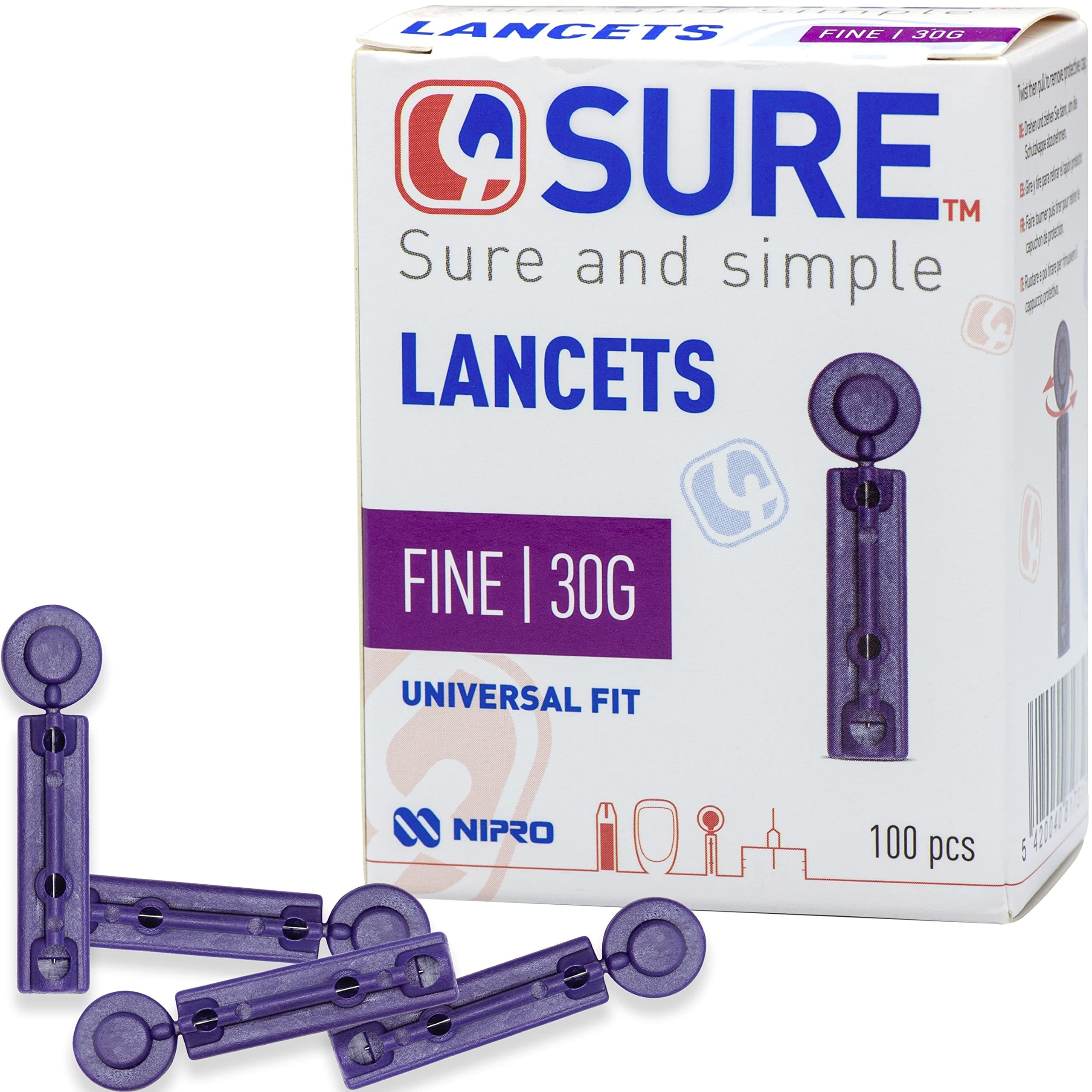 Lancets for Blood Tests - Sterile Single-Use, Finger Pricker Lancing Device with 3-Bevelled Needle Tip & Twist Top Cap for Blood Glucose and Ketone Testing - Universal Fit, 100 Pcs, 30G - Nipro