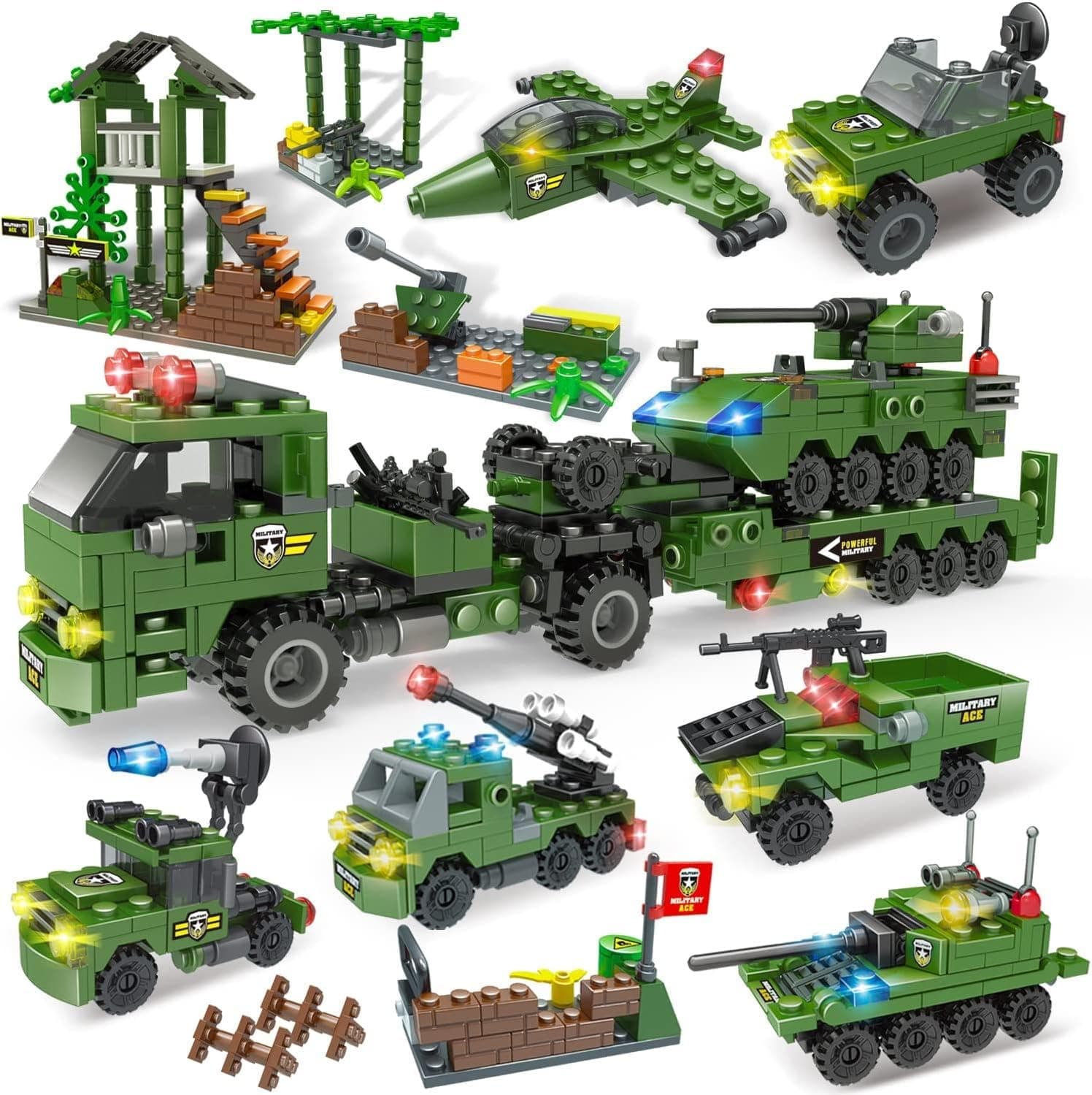 WishaLife City War Military Base Building Set, with Tank Transport Truck, Army Vehicle, Airplane, Toy Gift for Kids Boys Girls Age 6+ (990 PCS)