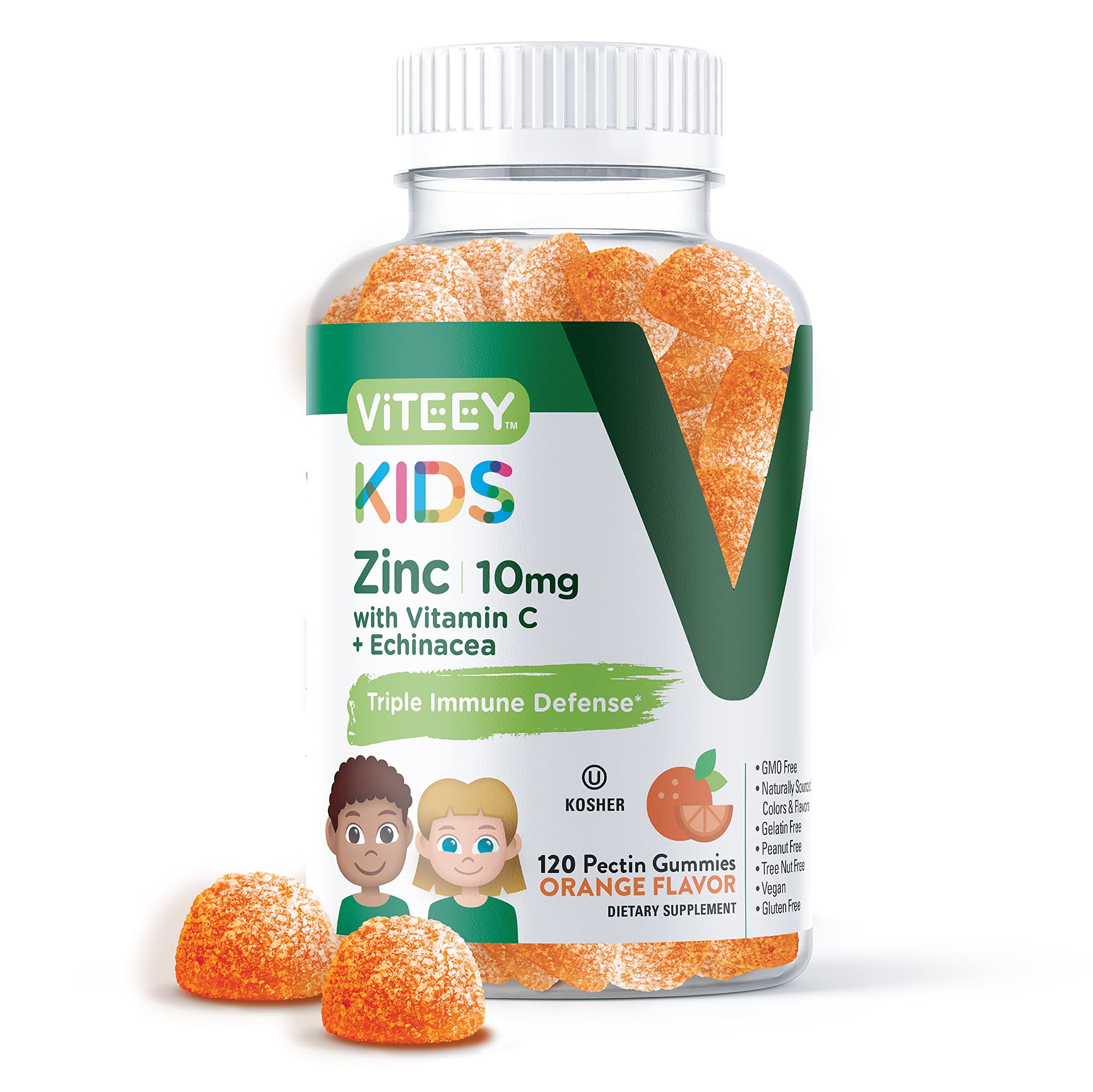 Zinc for Kids Gummies 10mg, with Vitamin C & Echinacea - Immune Support, Powerful Natural Antioxidant, Kids Zinc Vitamin Supplement - Vegan, Gelatin Free - Tasty Chewable Orange Flavor Gummy