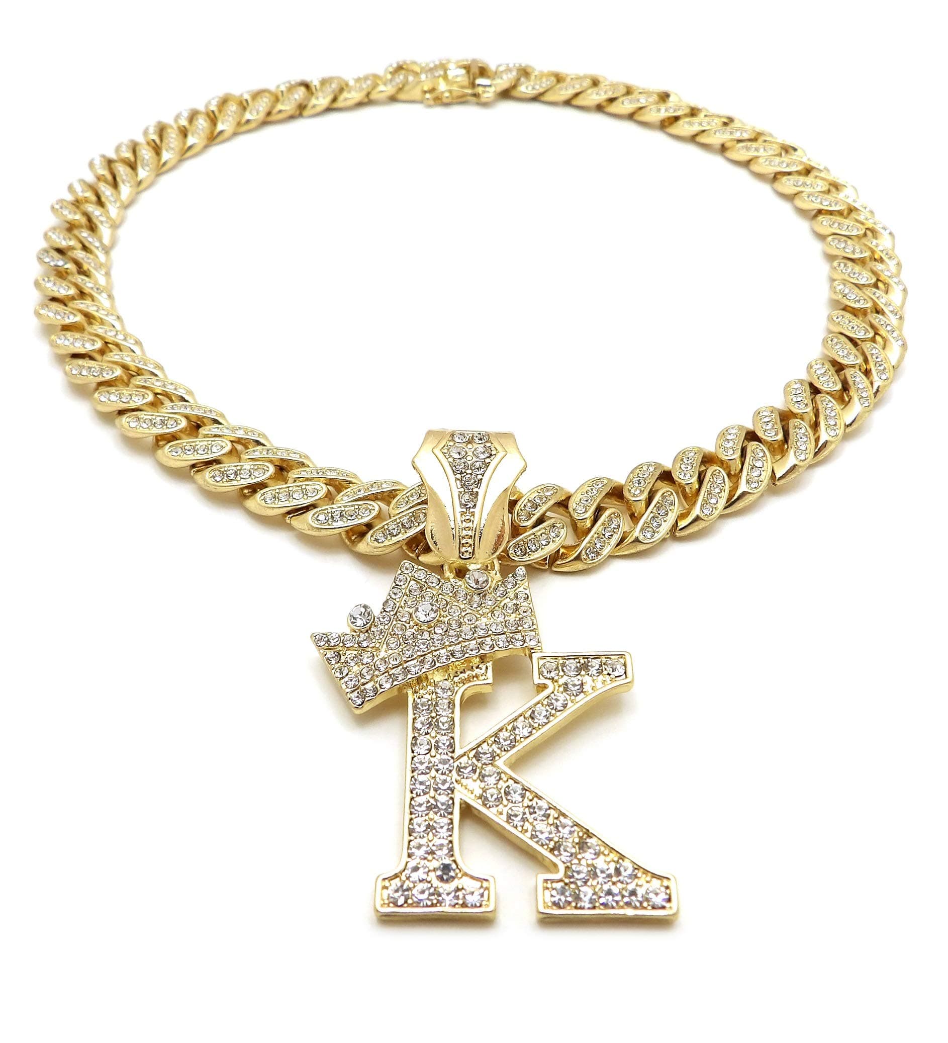 Hip Hop Alphabet Initial K Pendant & 12mm 18" Full Iced Box Lock Cuban Chain Necklace