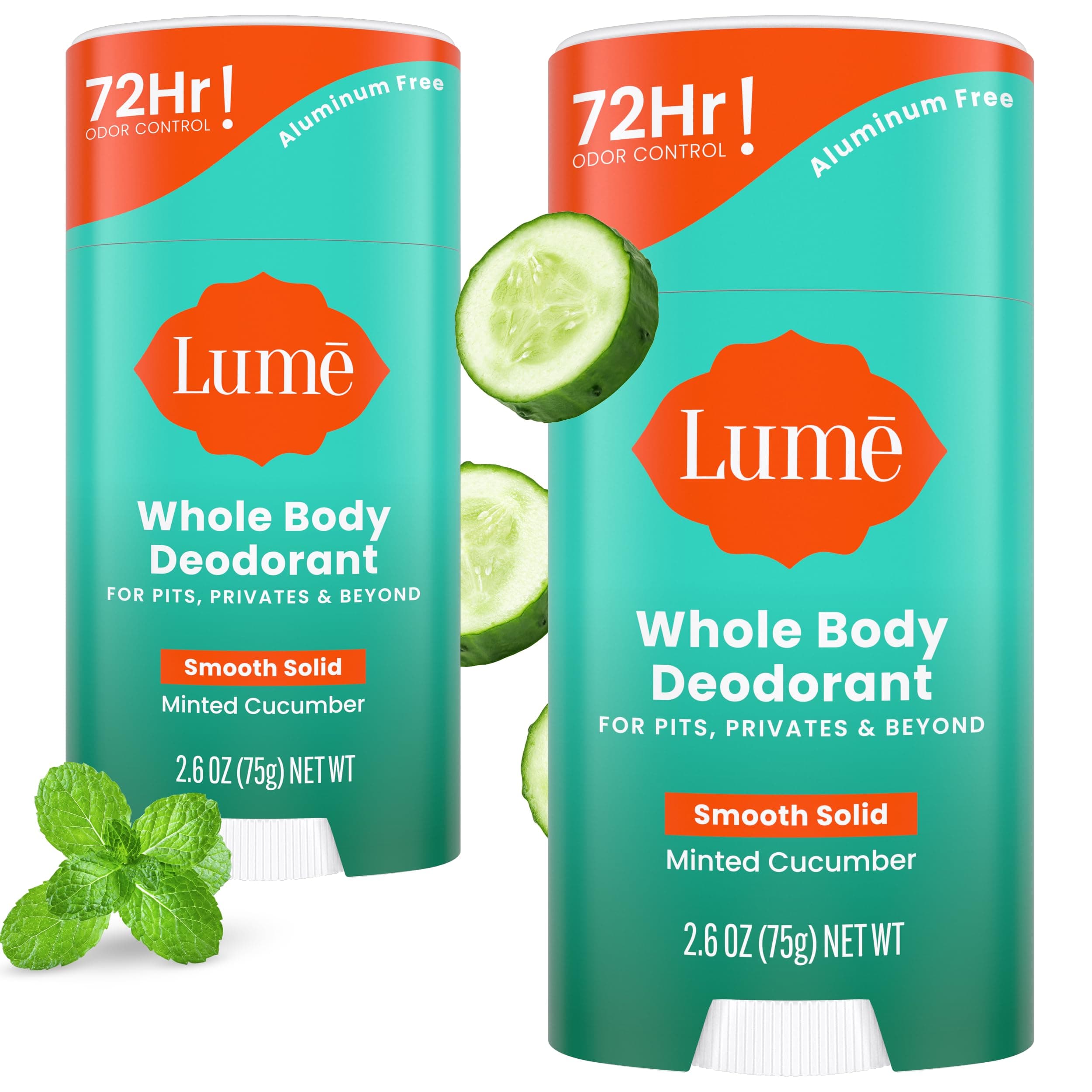 Whole Body Deodorant - Smooth Solid Stick - 72 Hour Odor Control - Aluminum Free, Baking Soda Free and Skin Safe - 2.6 Ounce (Pack of 2) (Minted Cucumber)